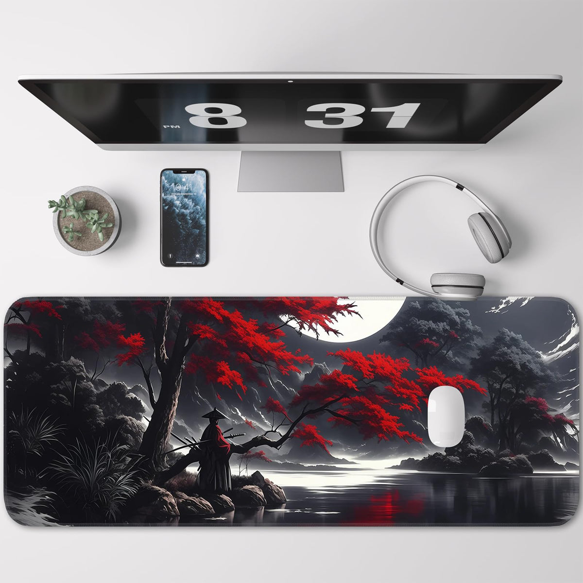 Japanese Dark Red Moon Gaming Mouse Pad, Extended Mouse Pad with Non-Slip Base, Full Keyboard Pad