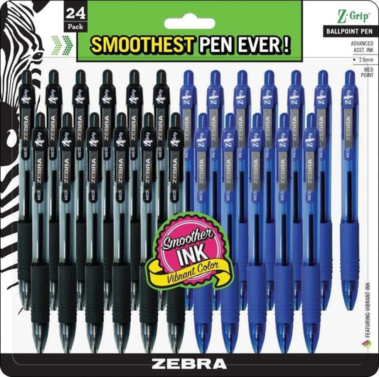 Zebra Pen Z-Grip Retractable Ballpoint Pen, Medium Point 1.0mm, 12 Black & 12 Blue Ink Pens, Bulk
