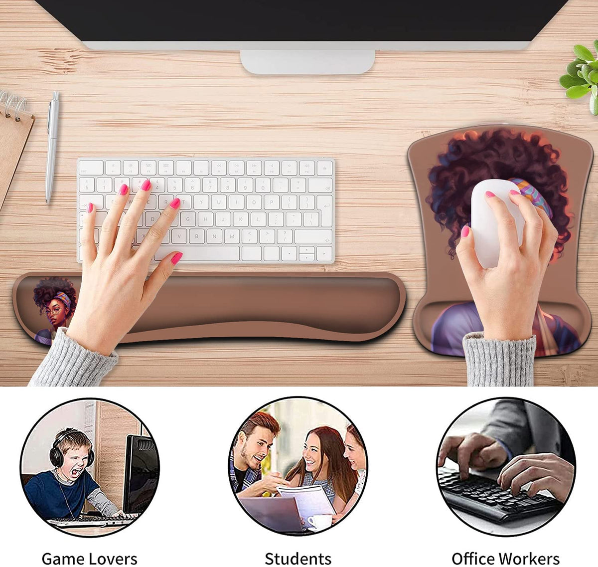 Ergonomic Mouse Pad Wrist Support Gel and Keyboard Wrist Rest Set American Women African Black