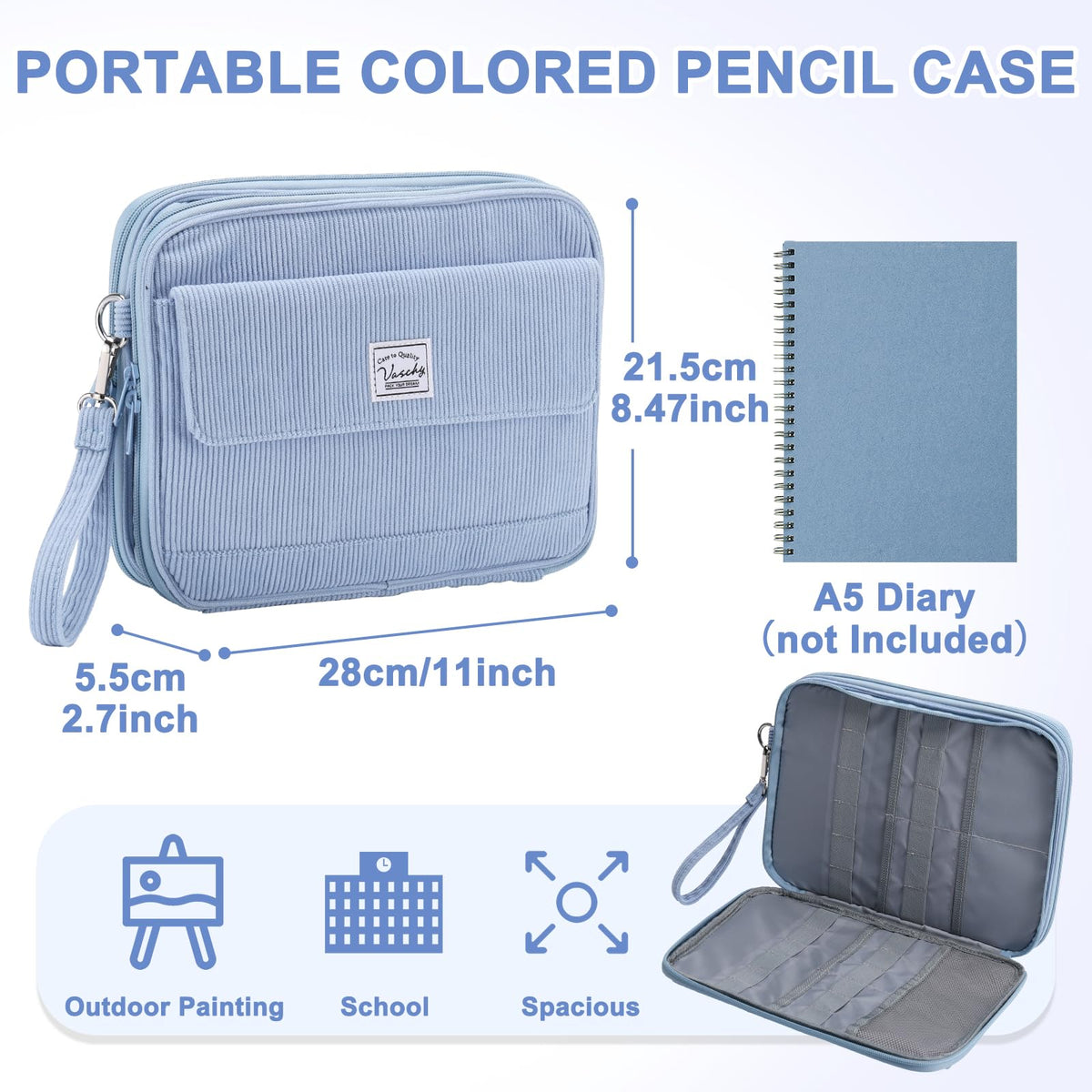 VASCHY Colored Pencil Case, Corduroy Large Pencil Pouch for Art Pens Markers Gel Pens Big Holder