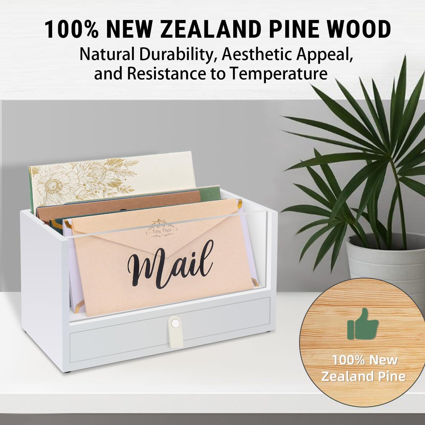 Two-Layer Solid Wooden Mail Storage Organizer Holder with Clear Acrylic Top and Bottom Drawer