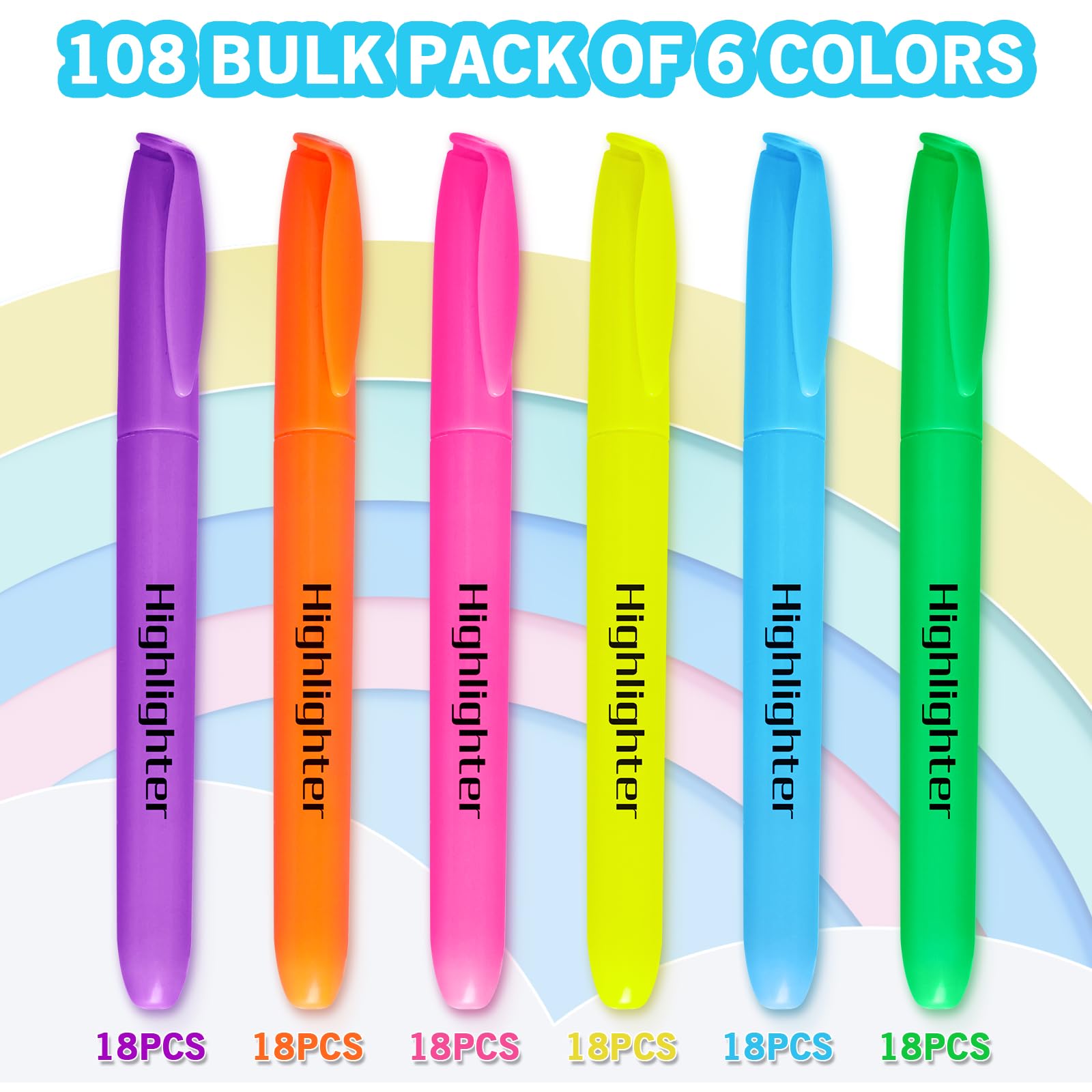 YEGEER Highlighters, Chisel Tip Dry-Quickly Highlighter Markers, 108 Count-6 Assorted Colors