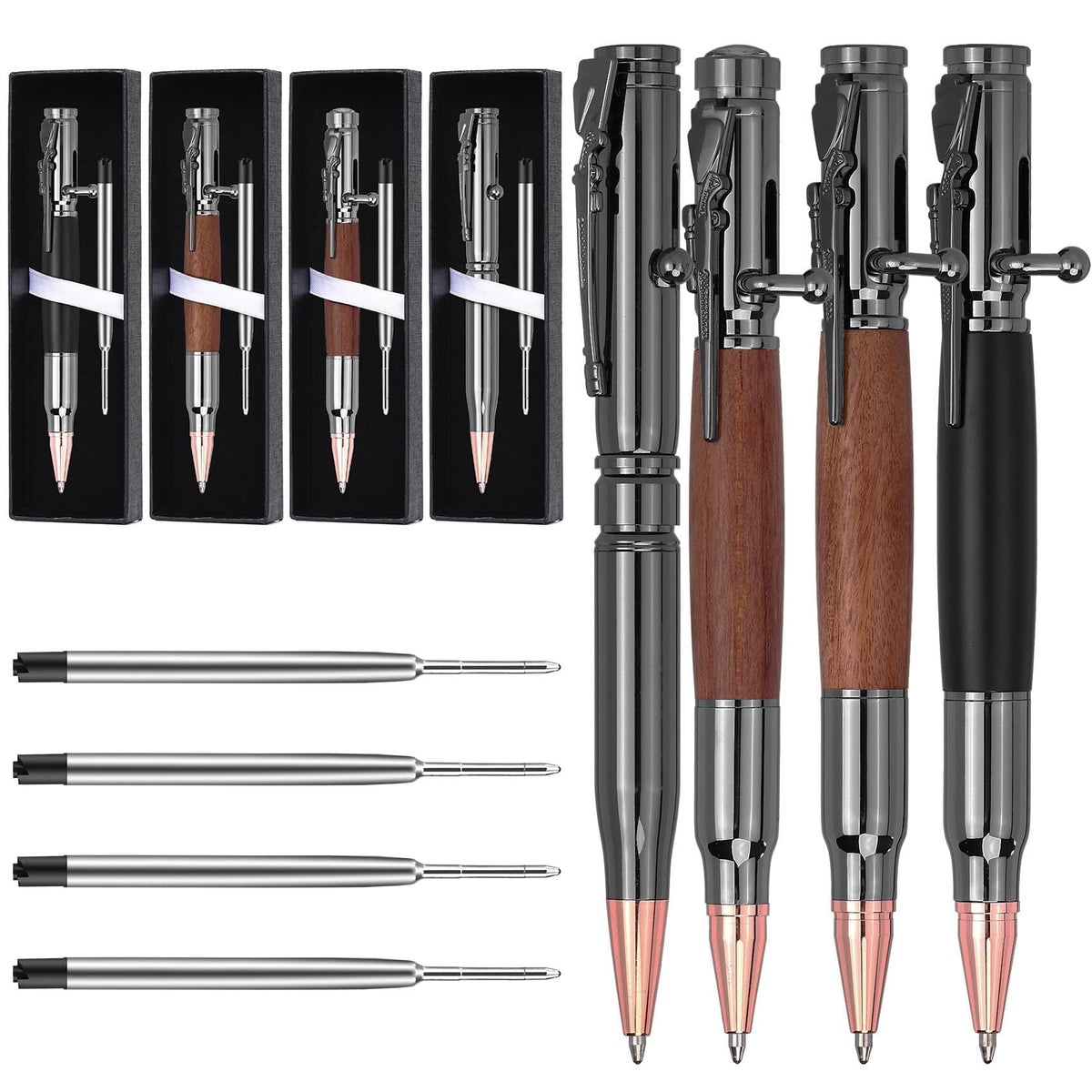 4 Sets Bolt Bullet Pens Set Bolt Action Pen with Compass Rifle Clip Extra Black Refills Gift Box