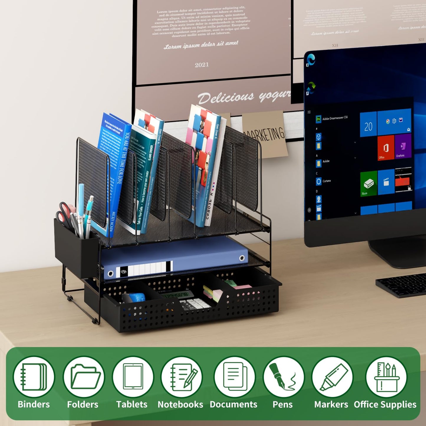 LEKETREE Desk Organizer, Office Organization with Vertical File Holder, File Organizer with Drawer
