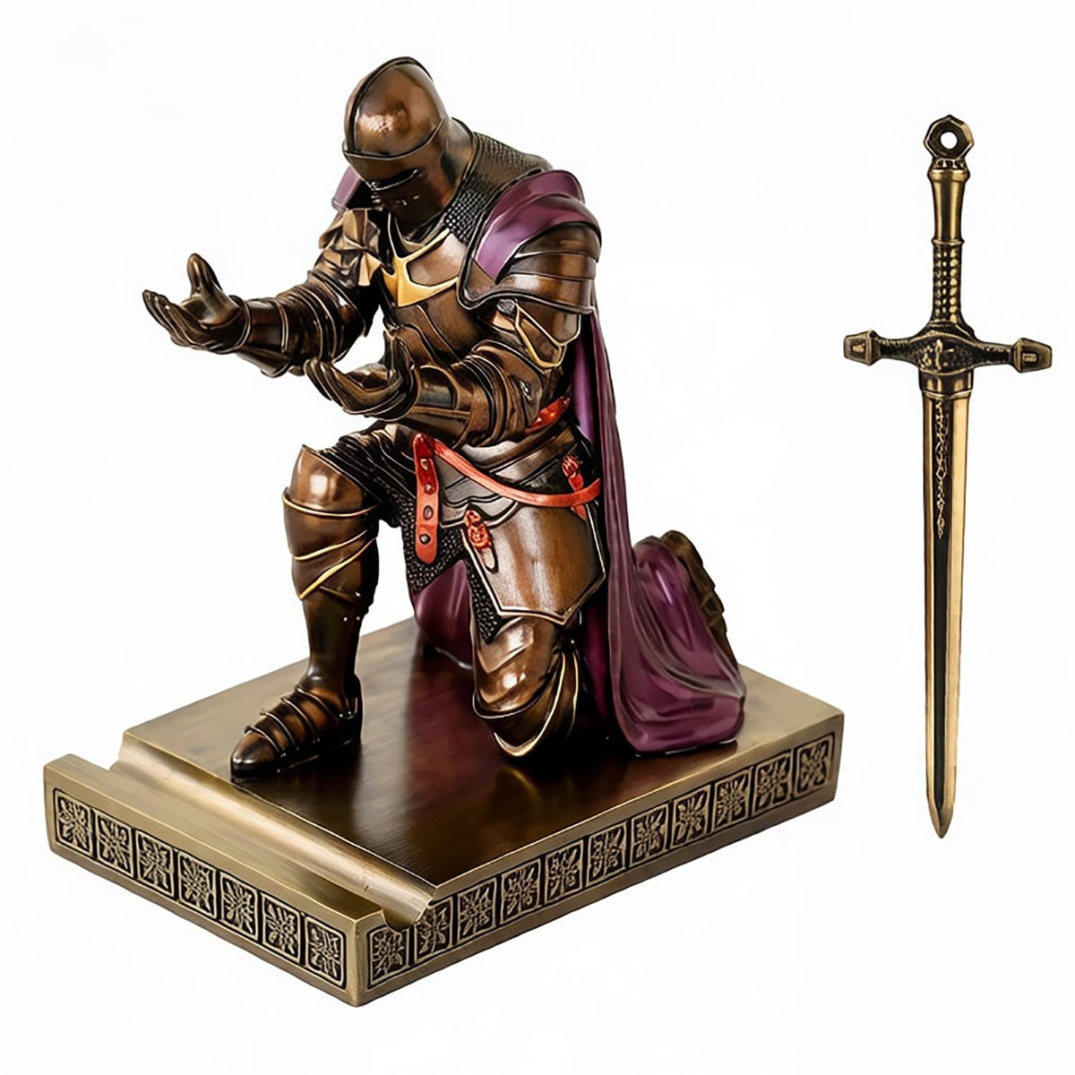 Medieval Armored Knight Pen Holder Figurine Paperweight Phone Stand Brn&Pur