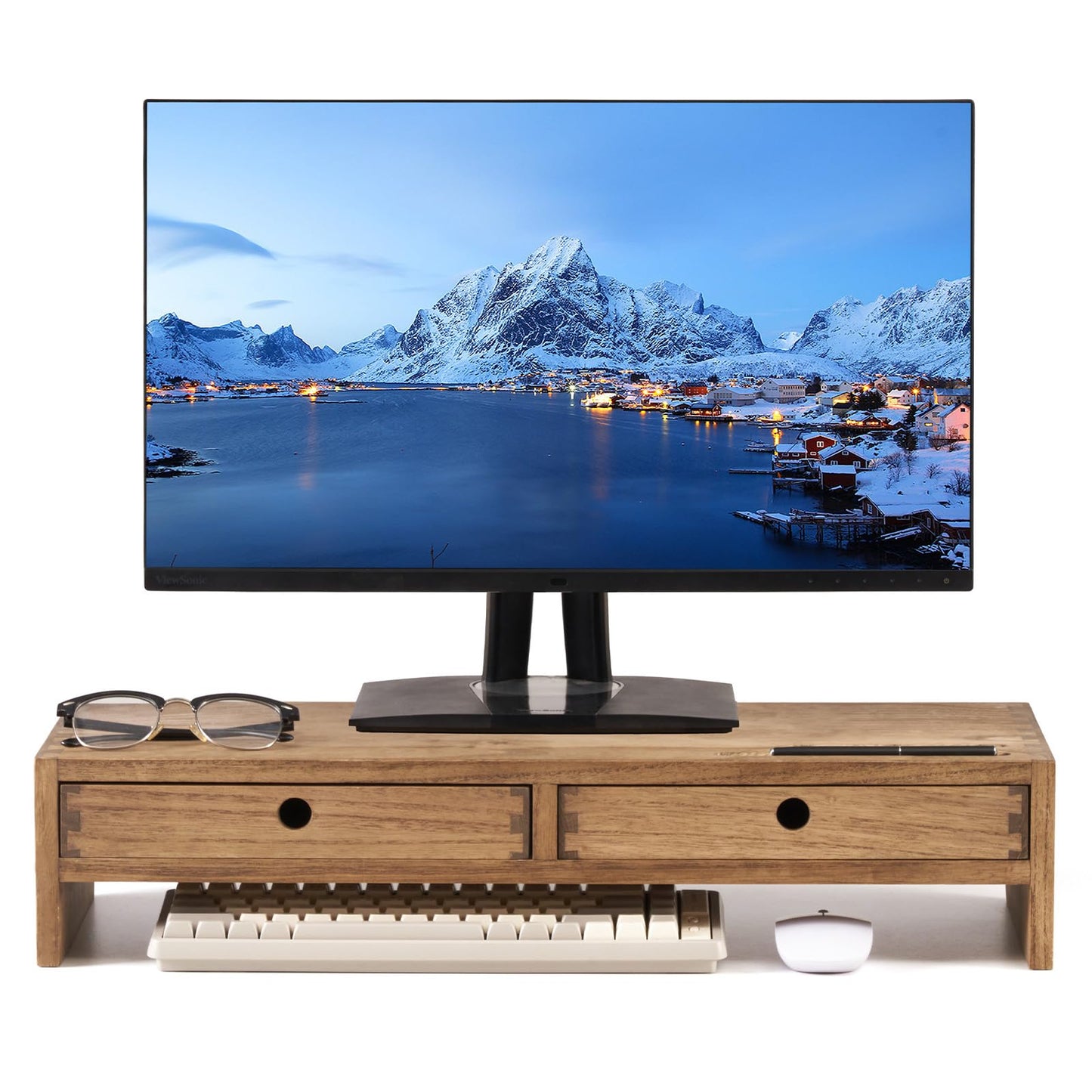 KIRIGEN Solid Wood Monitor Stand with 2 Drawers, Desk Riser, Brown PMJ-DBR