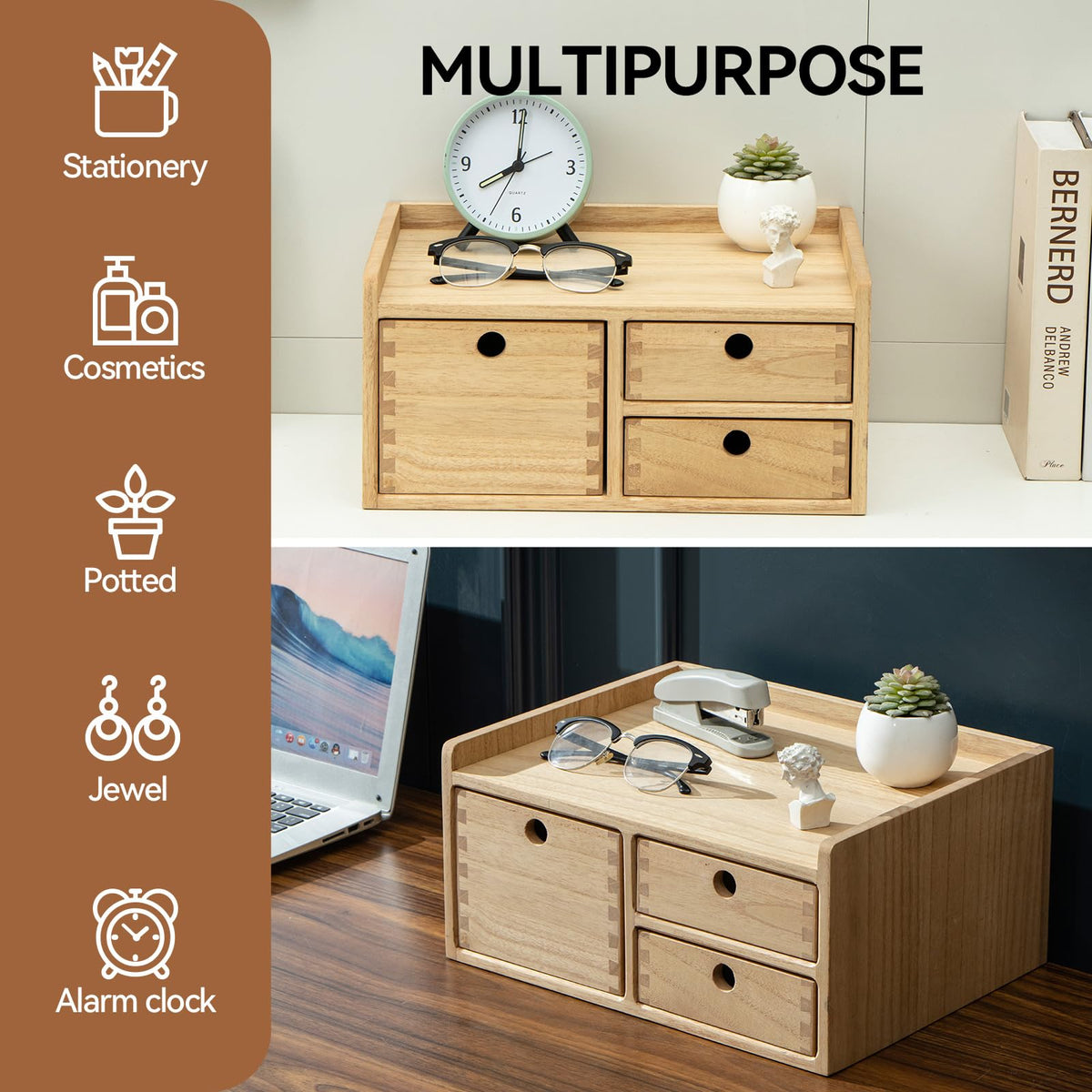 KIRIGEN Wooden Desk Organizer with 3 Drawers and Top Tray Natural DT1D3C-NA