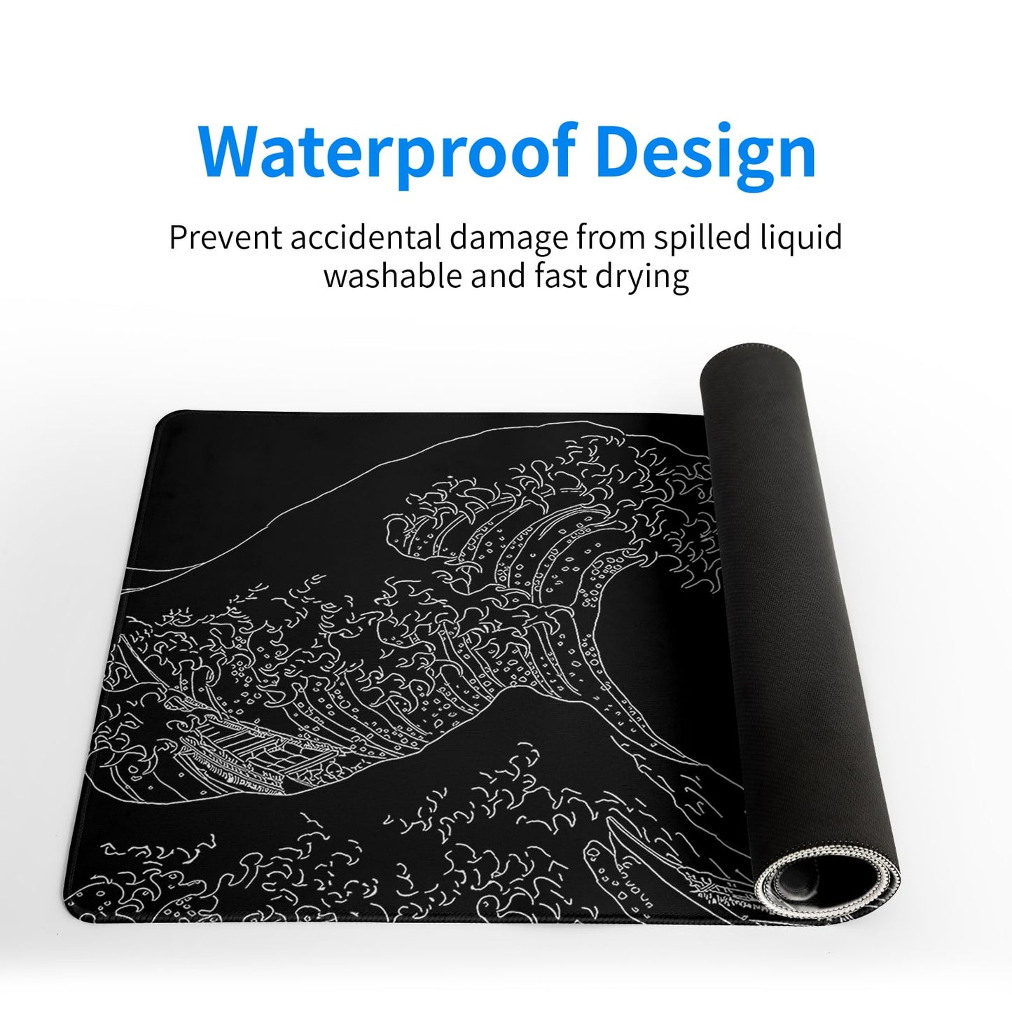 Japanese Sea Wave Large Mouse Pad Abstract Black Mouse Pad 31.5x11.8 Inch Black Kanagawa Texture