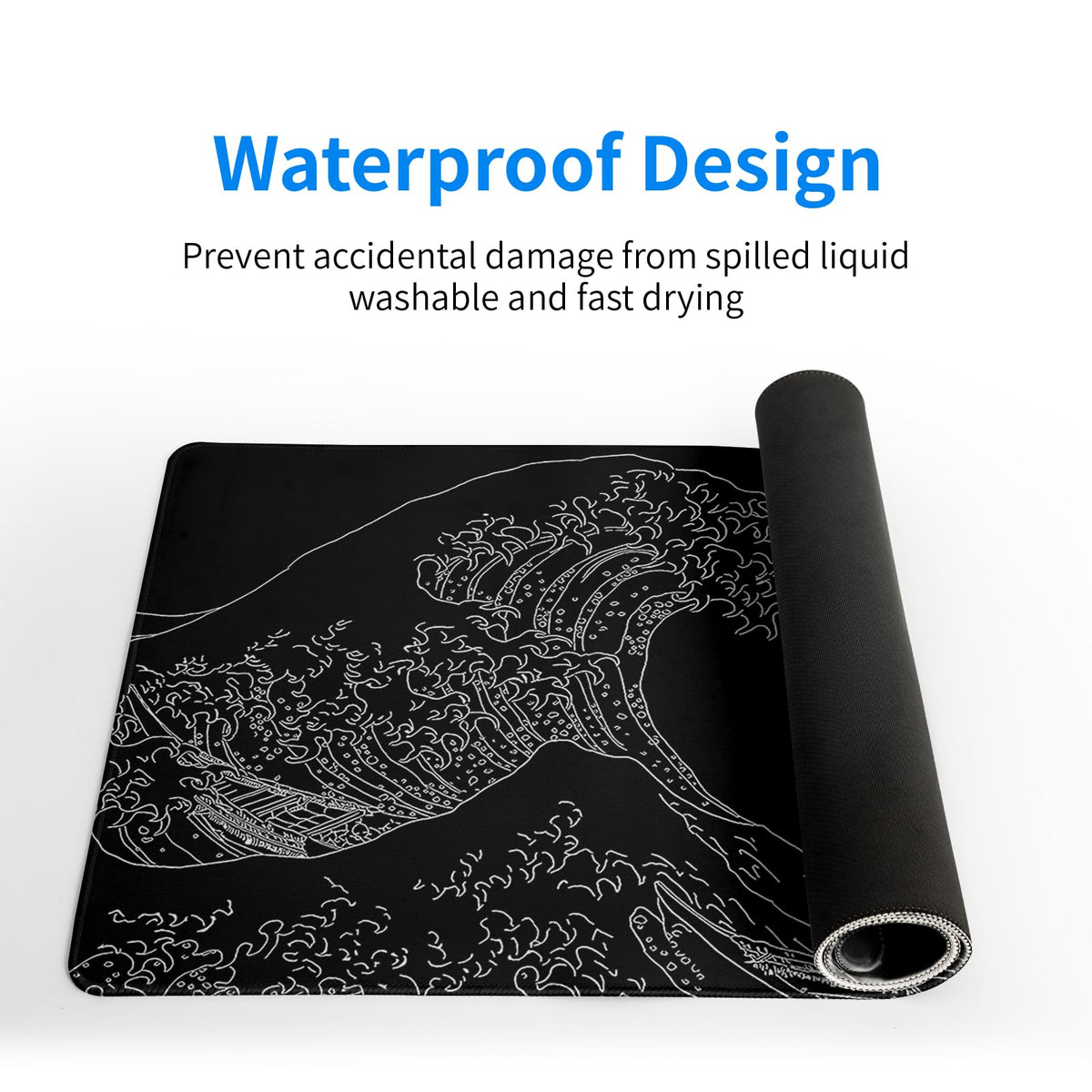 Japanese Sea Wave Large Mouse Pad Abstract Black Mouse Pad 31.5x11.8 Inch Black Kanagawa Texture