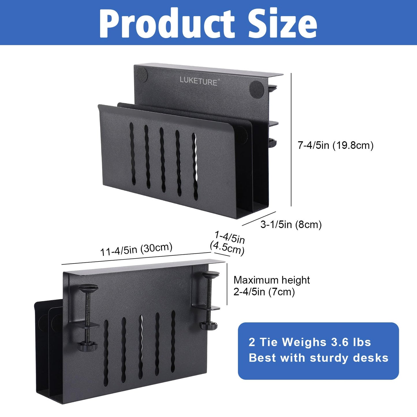 LUKETURE Desk Side Storage, 2 Tie Laptop Holder No Drill Clamp On Organizer