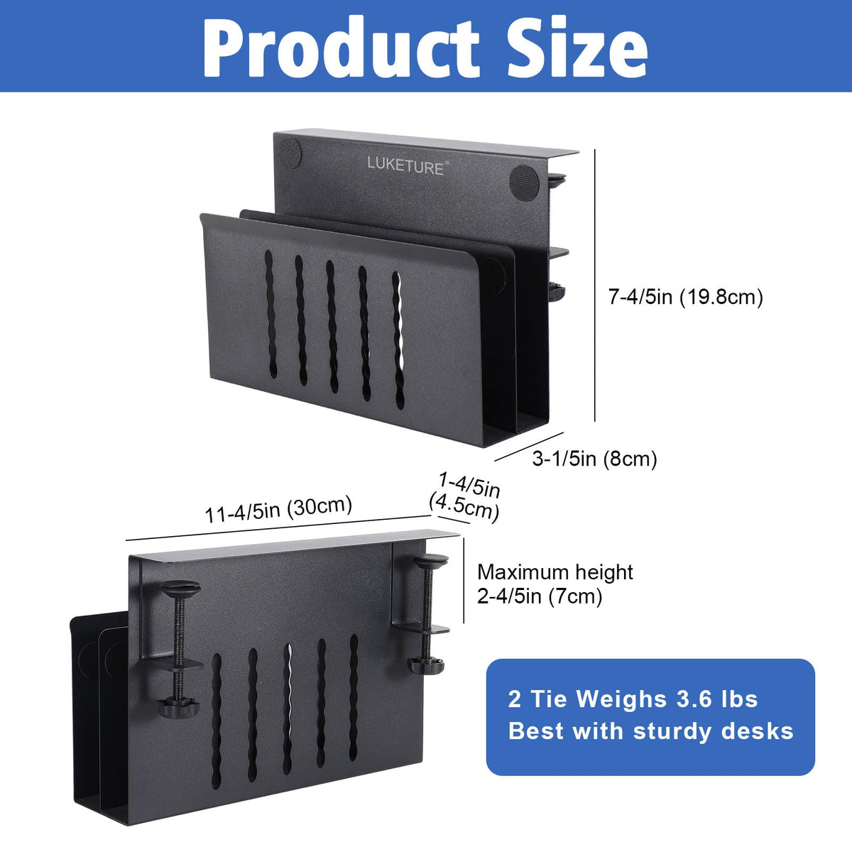 LUKETURE Desk Side Storage, 2 Tie Laptop Holder No Drill Clamp On Organizer