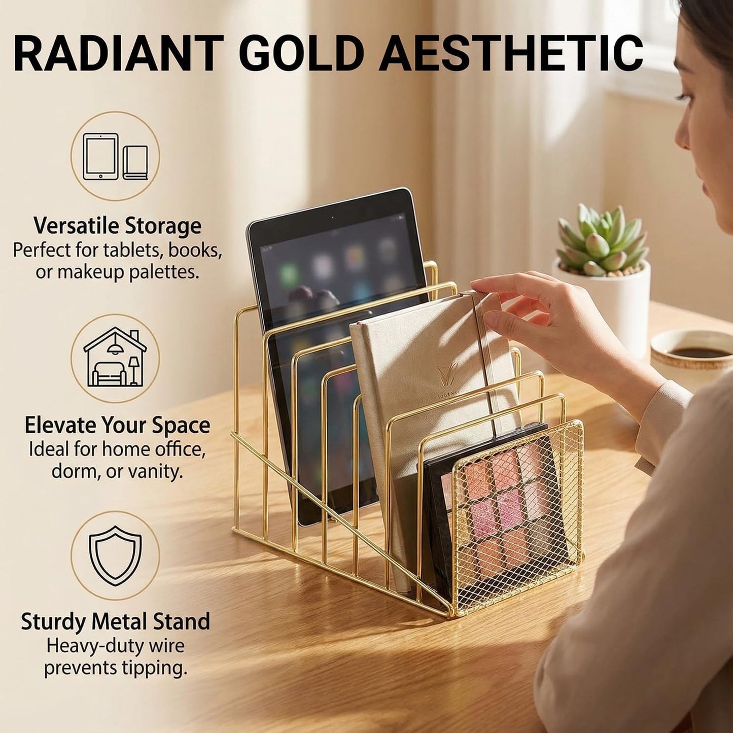 Simmer Stone Gold Desk Organizer 7 Slot Inclined Vertical File Folder Holder Sorter with Mesh Front