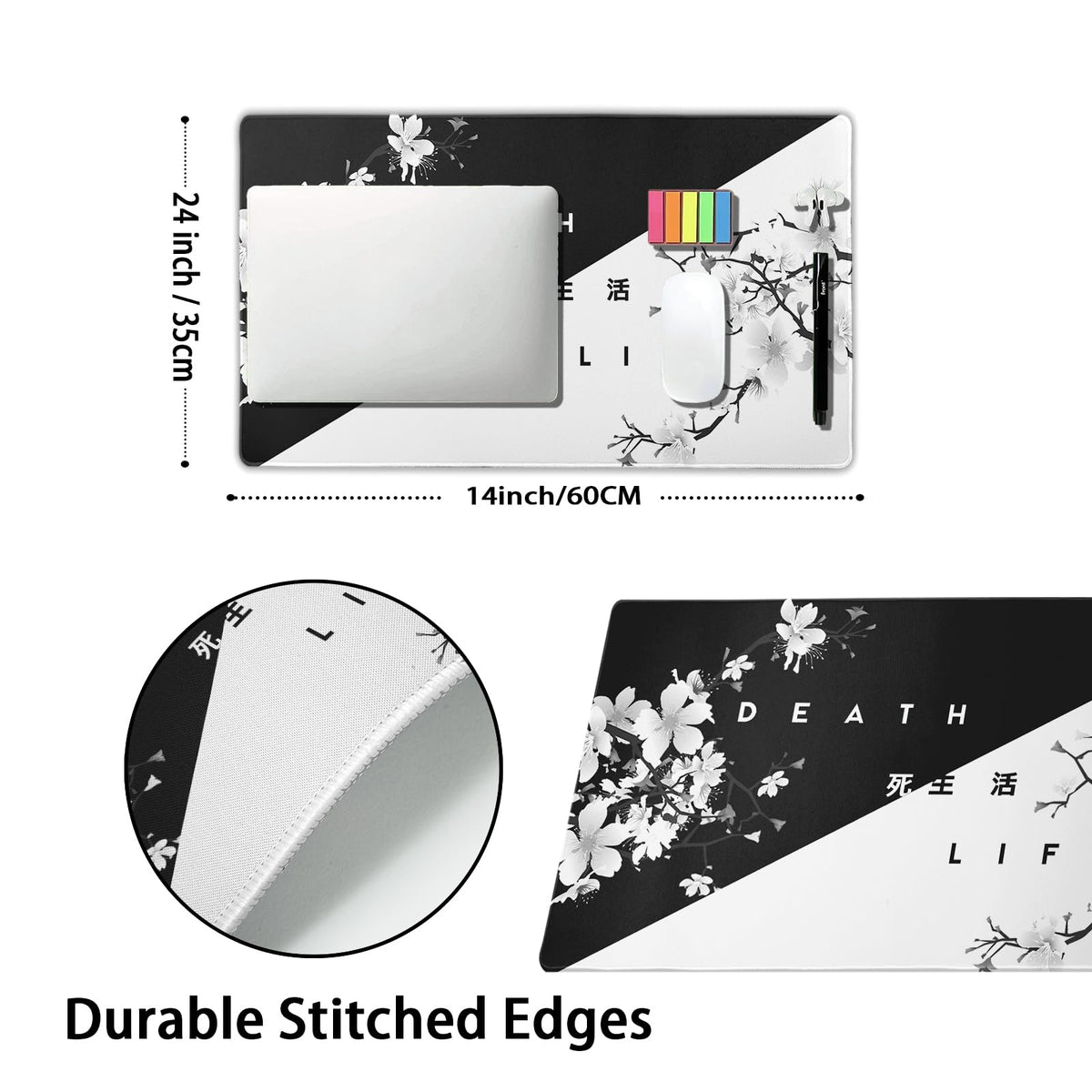 aportt Black White Cherry Blossom Mouse Pad Large Japanese Sakura Death Life Desk Mat 60x35 cm