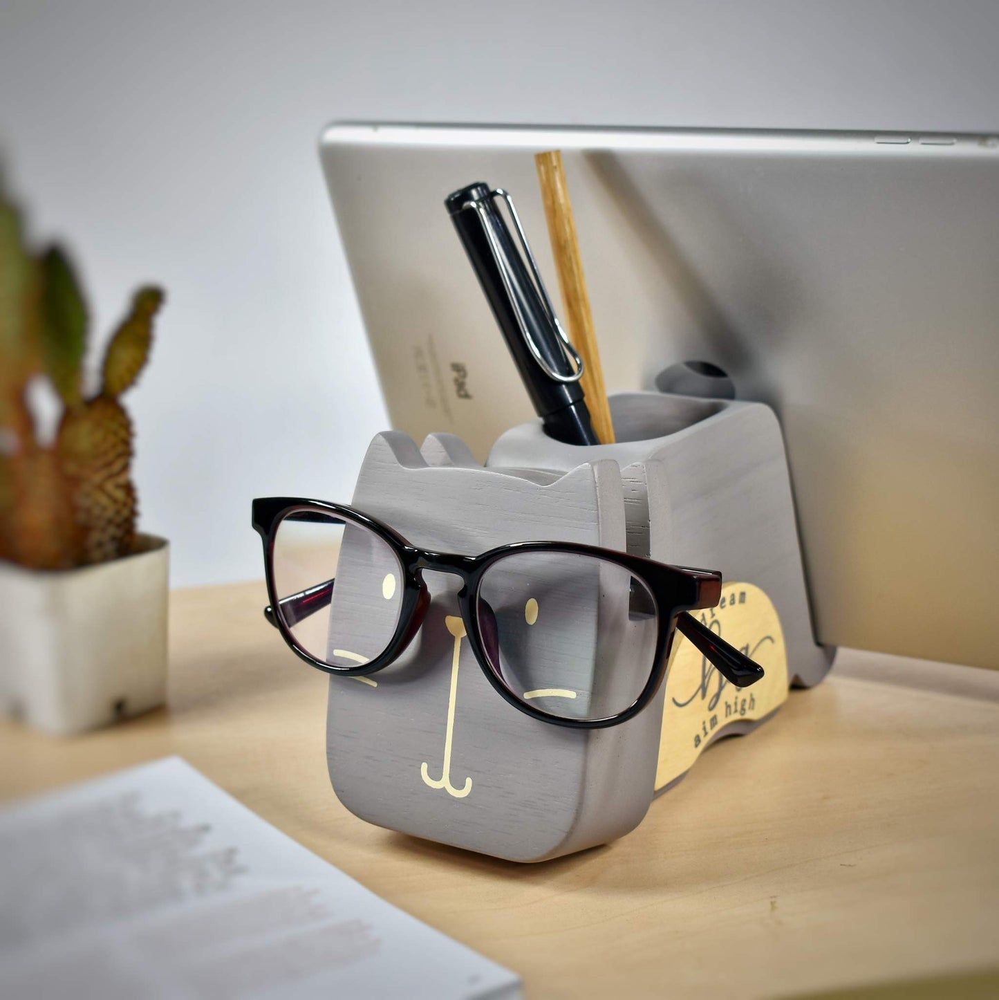 I'm Wood Multipurpose Eyeglass Phone Pen & Pencil Holder Stand Stationery Desk Organizer
