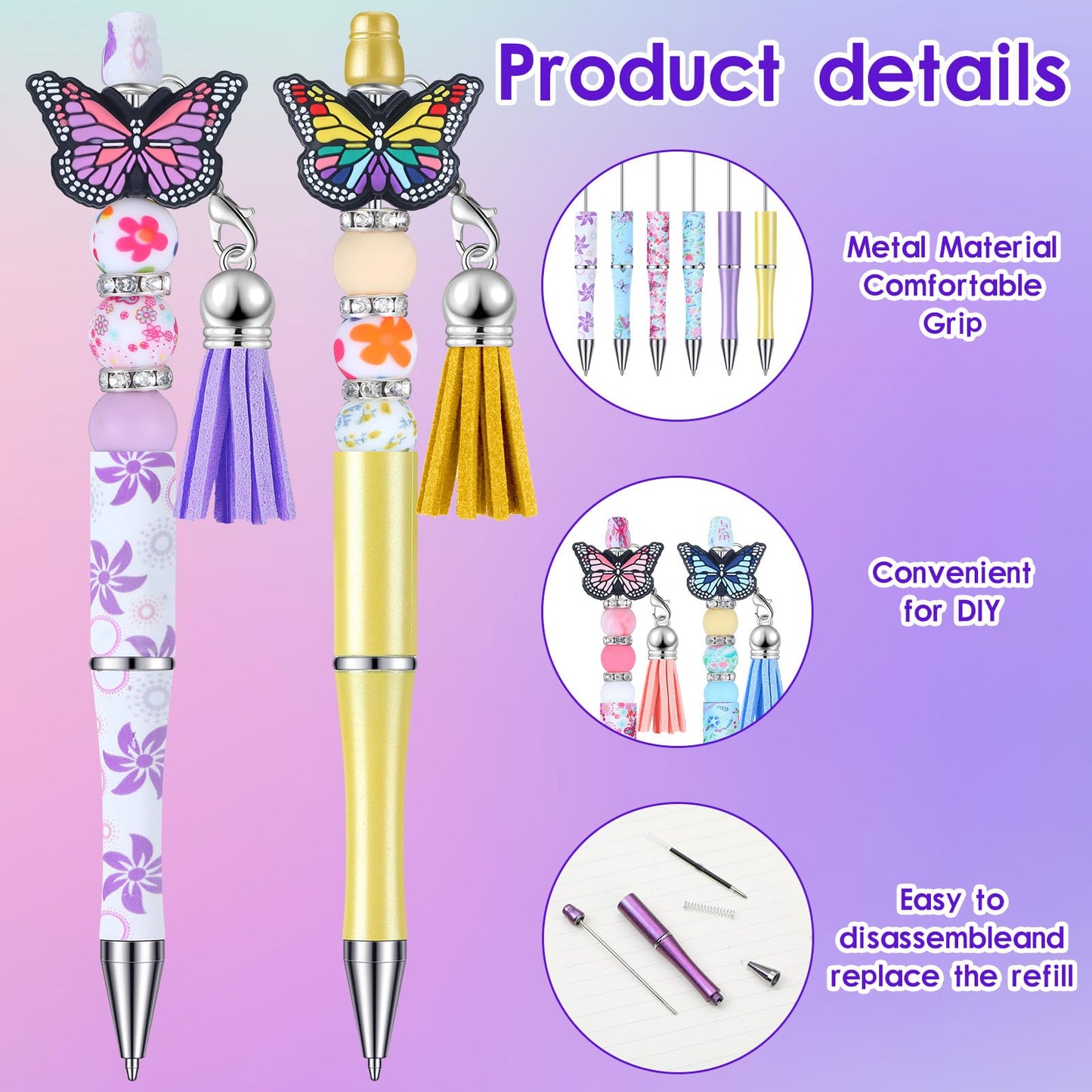 Qeeenar 130 Pcs Beadable Pens Kit Butterfly Bead Plastic Ballpoint Pen
