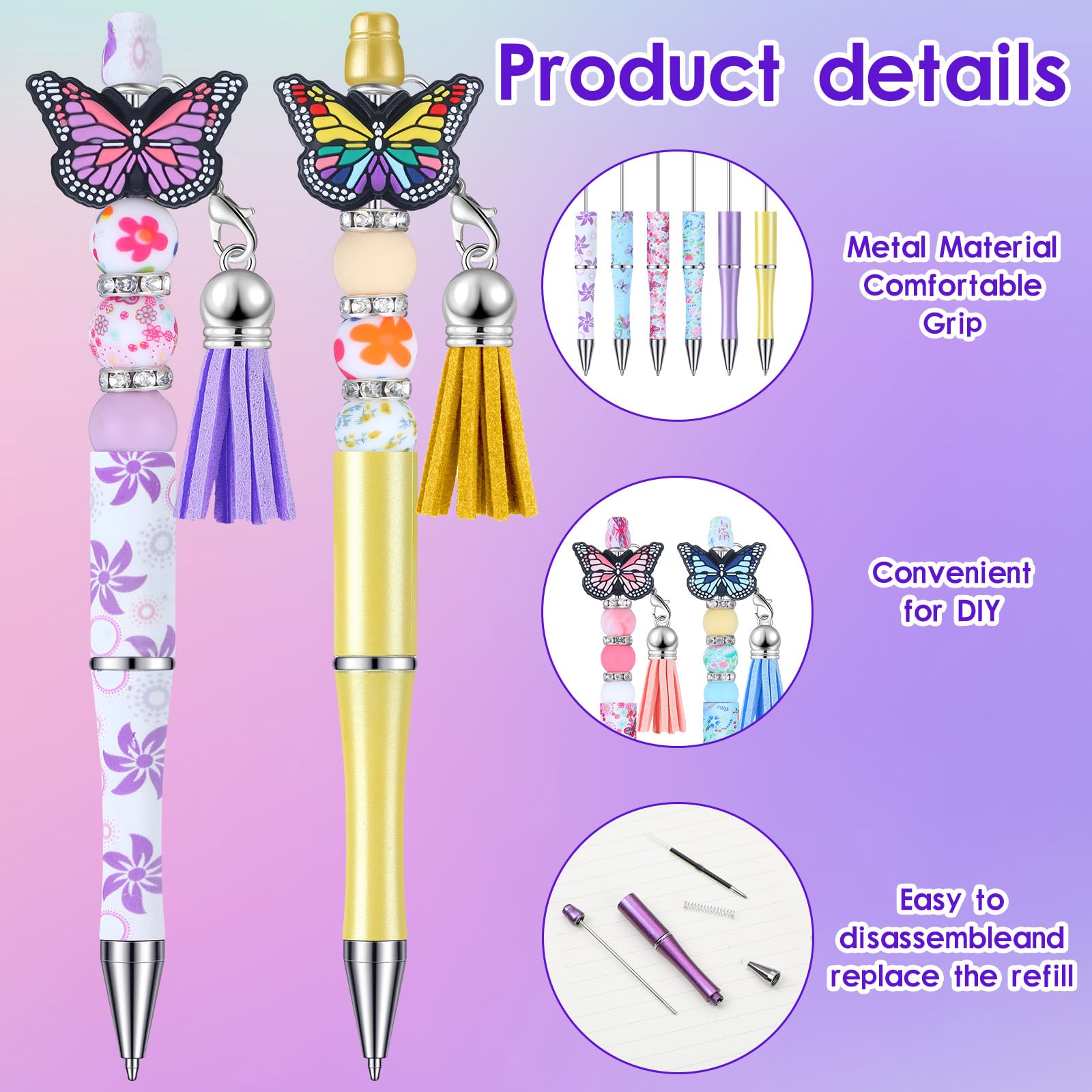 Qeeenar 130 Pcs Beadable Pens Kit Butterfly Bead Plastic Ballpoint Pen