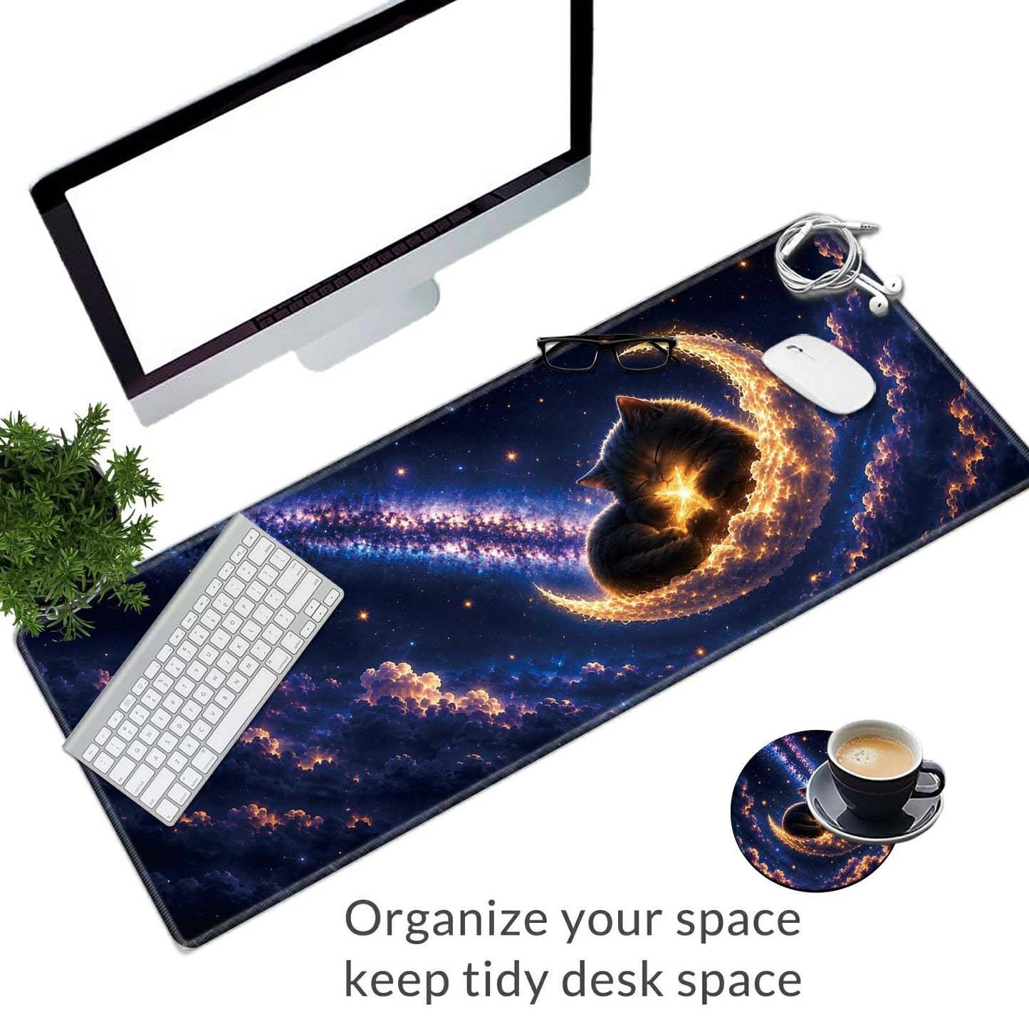 Crescent Dream Cat Large Mouse Pad, 31.5 x 11.8 in Extended Desk Mat