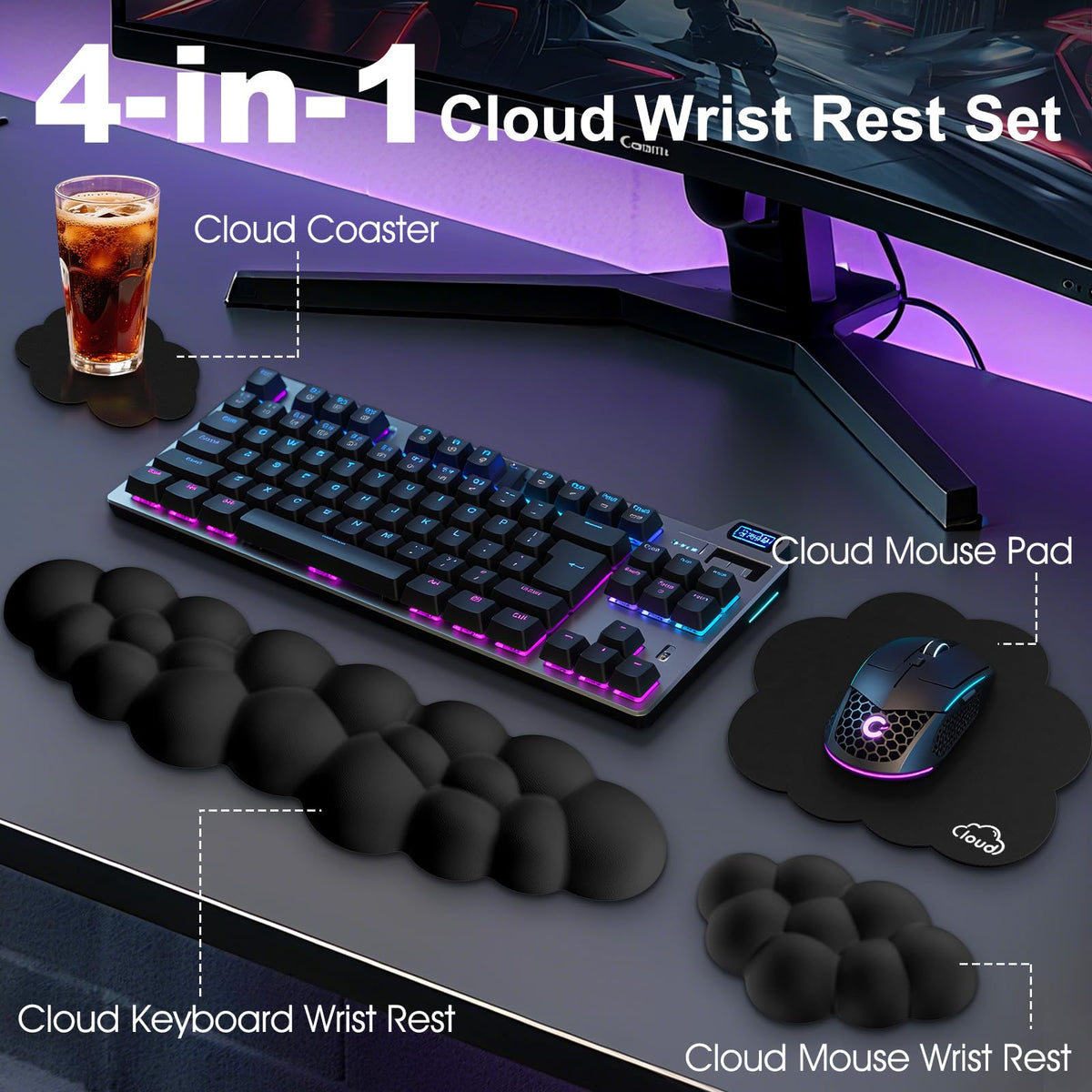 Retuhapy Cloud Wrist Rest Keyboard Cushion and Cloud Mouse Pad, Black