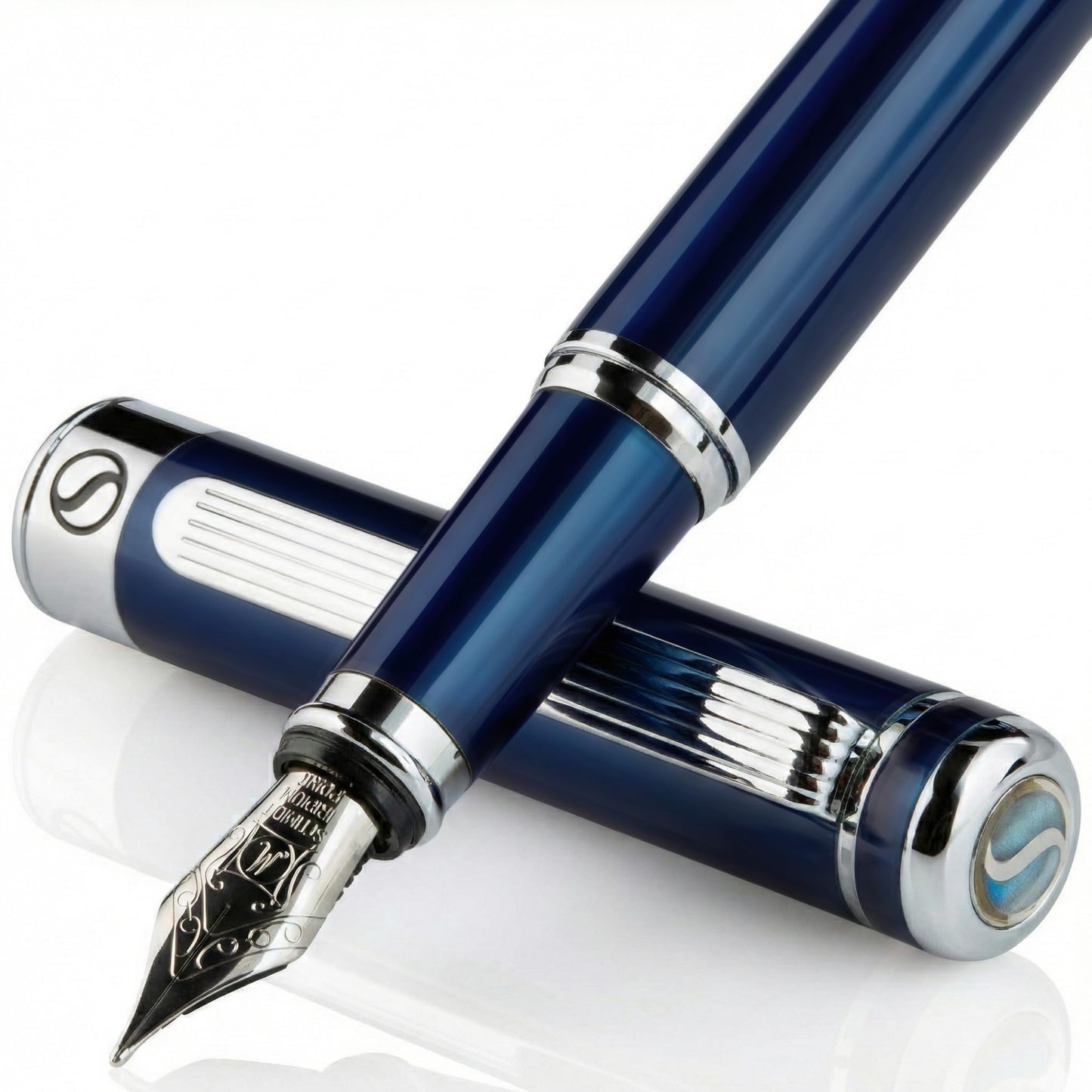 Scriveiner Midnight Blue Fountain Pen - Stunning Luxury Pen with Chrome Appointments, Schmidt Nib