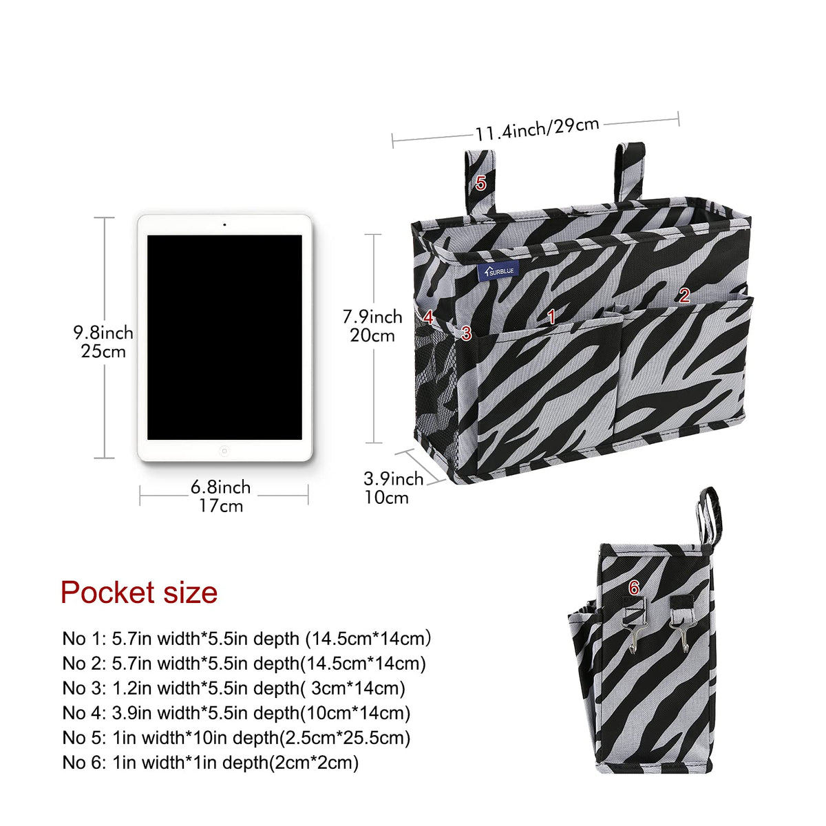 Surblue Caddy Hanging Organizer Bedside Storage Bag for Bunk and Hospital Beds, Zebra, Small