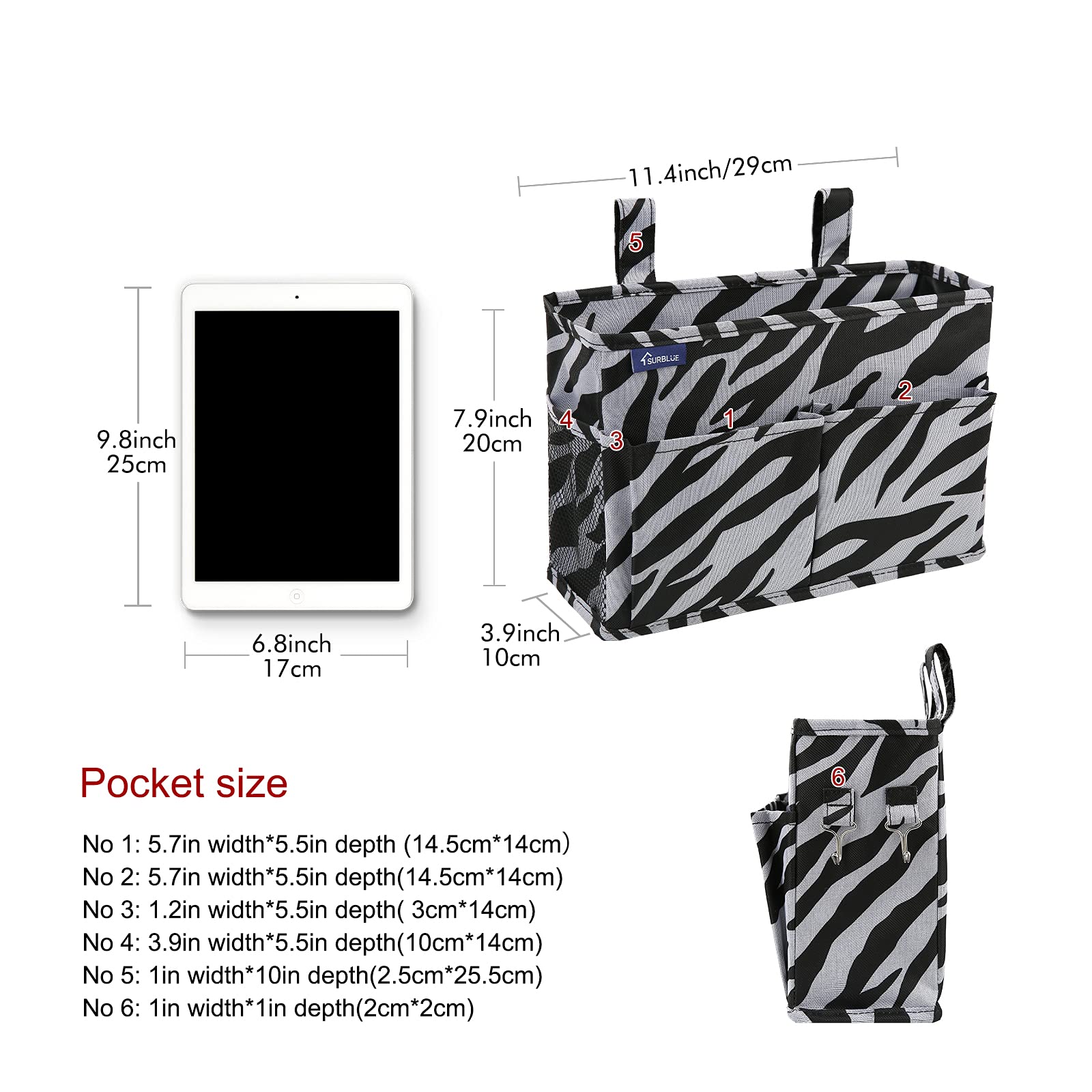 Surblue Caddy Hanging Organizer Bedside Storage Bag for Bunk and Hospital Beds, Zebra, Small