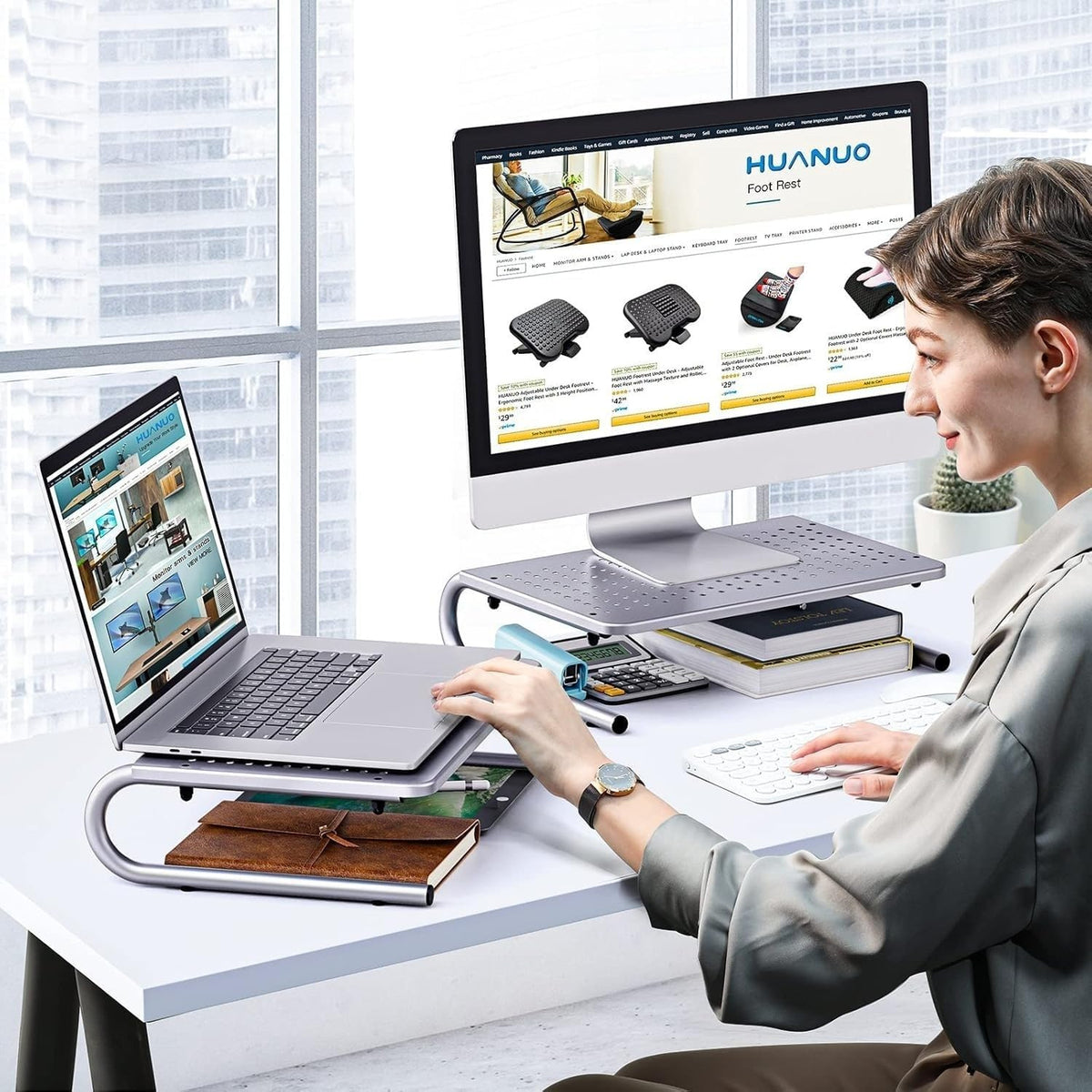 HUANUO Monitor Riser for Desk, Laptop Stand with Vented Steel Shelf, Silver