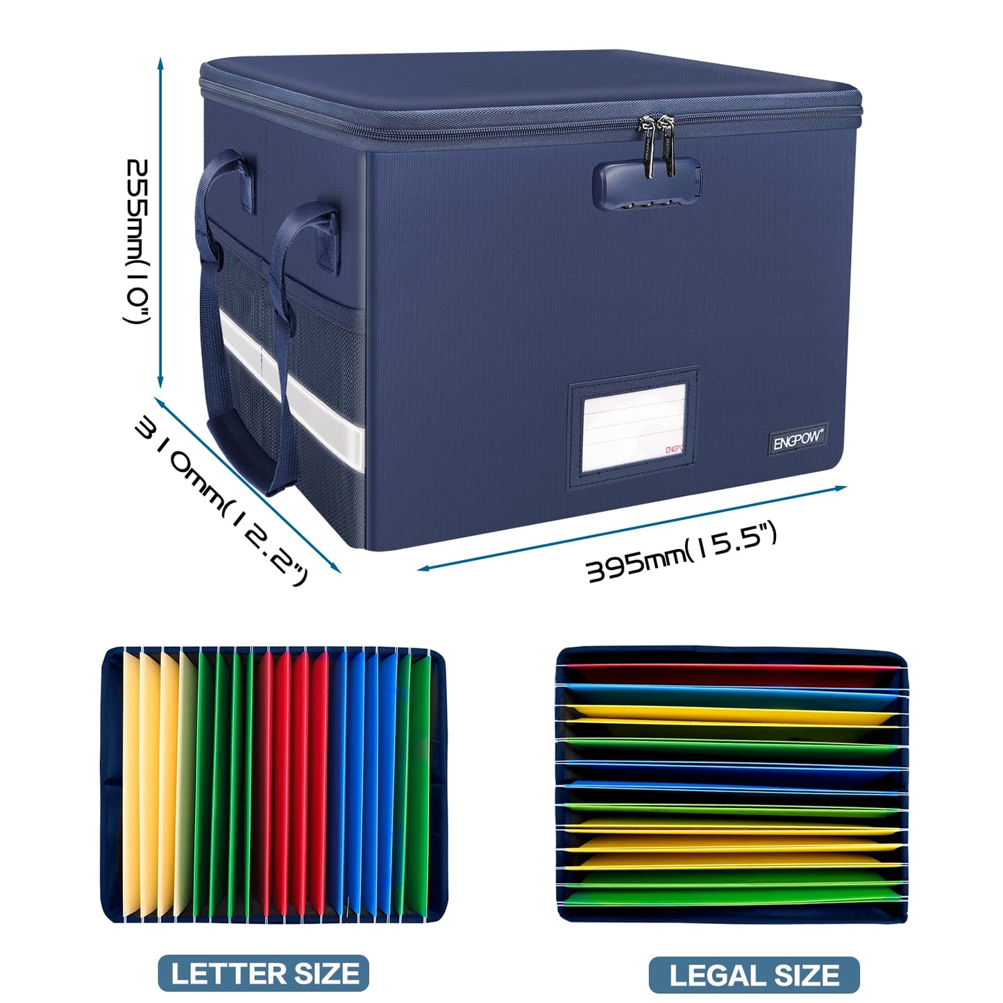 ENGPOW File Box with Lock, Fireproof Document Box with Zipper＆Pockets, Collapsible File Organizer