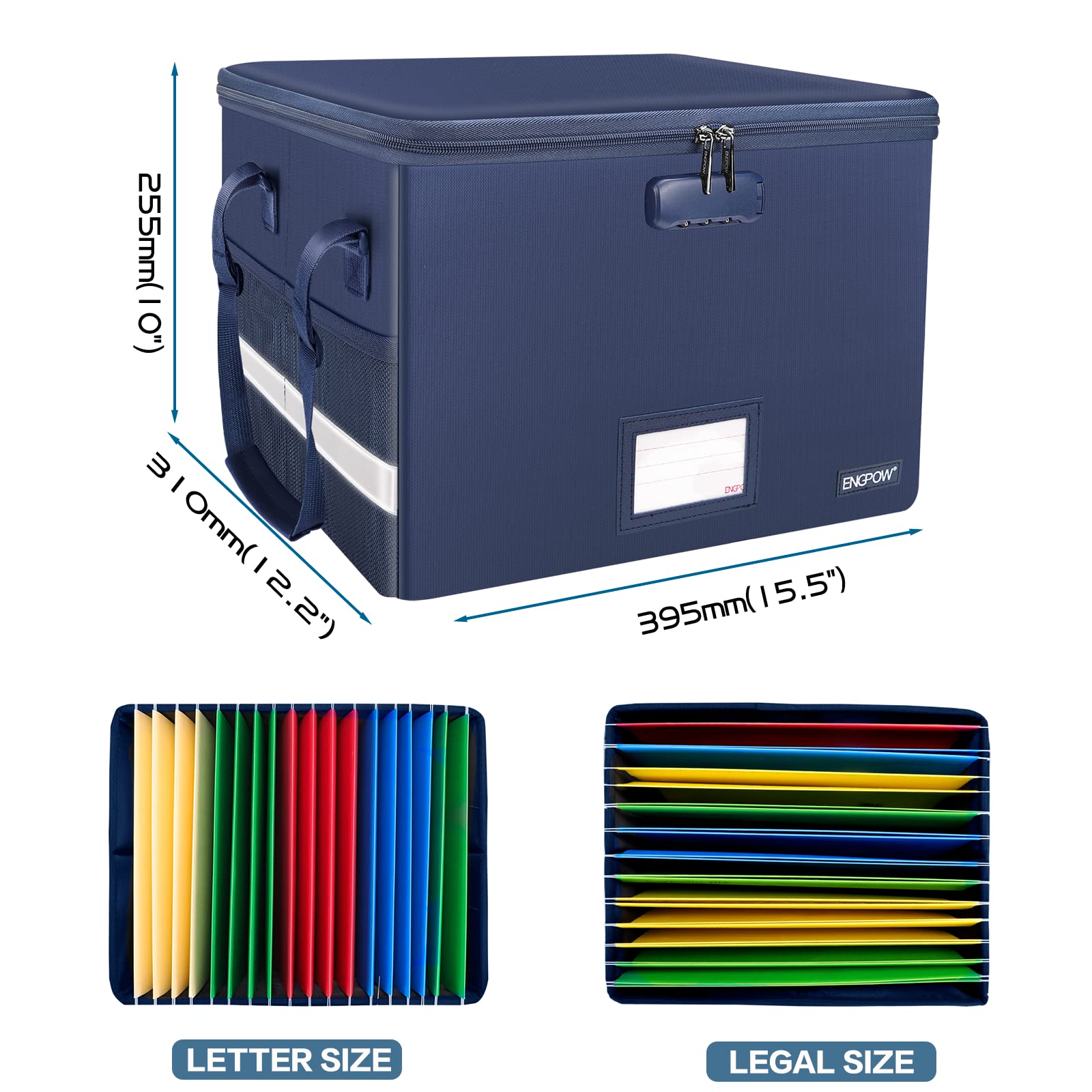 ENGPOW File Box with Lock, Fireproof Document Box with Zipper＆Pockets, Collapsible File Organizer