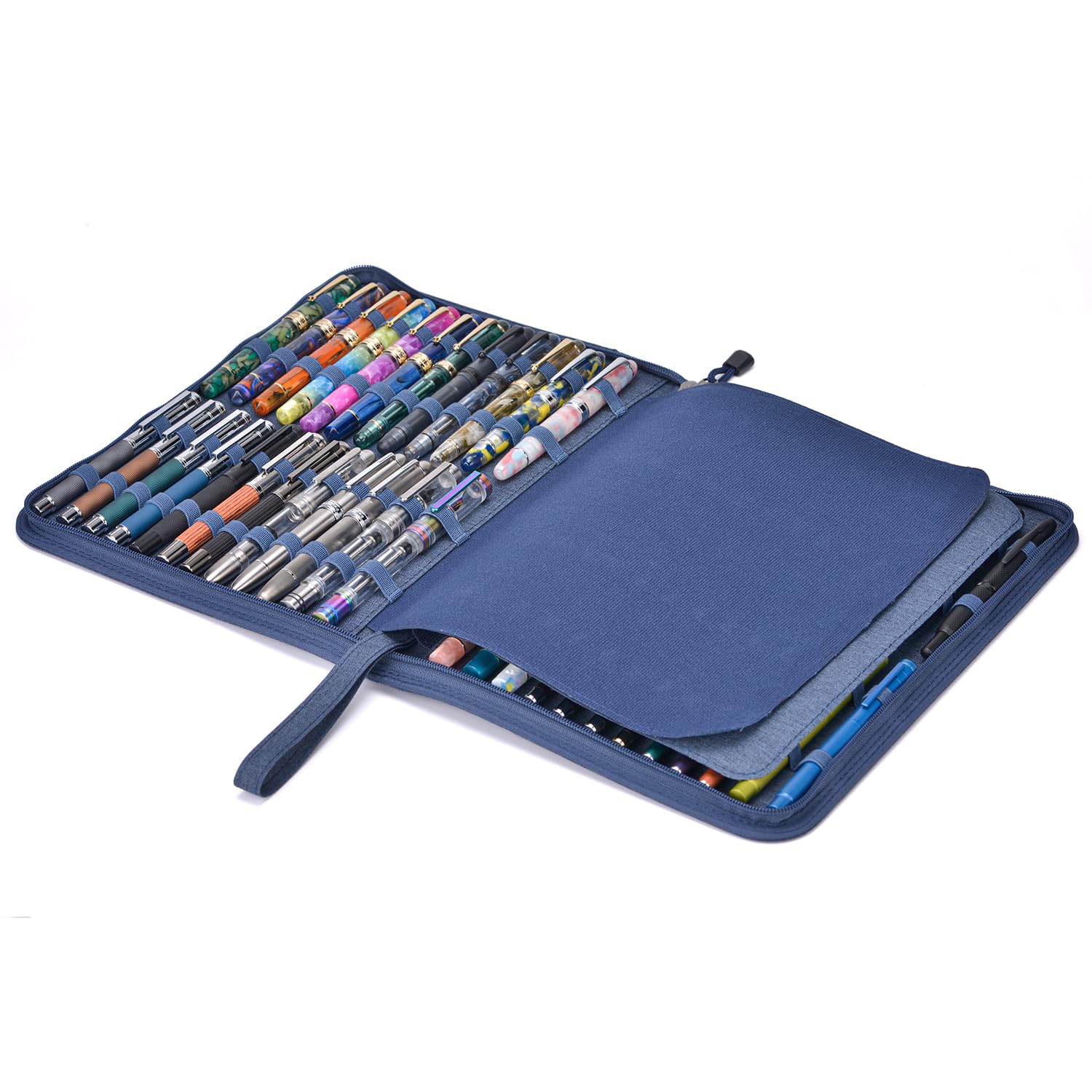 Lanxivi 48 Fountain Pen Case Denim Blue Organizer Bag, Waterproof Canvas Pen Display Holder with