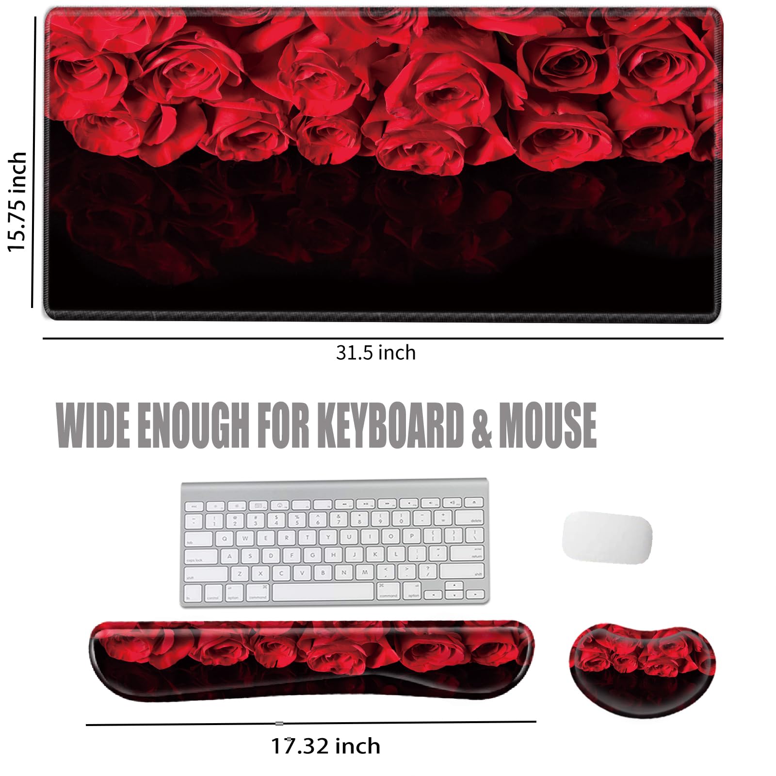 Red Roses Keyboard and Mouse Pad with Wrist Rest Large Mousepad XXL Desk Mat Set 31.5" x 15.75"