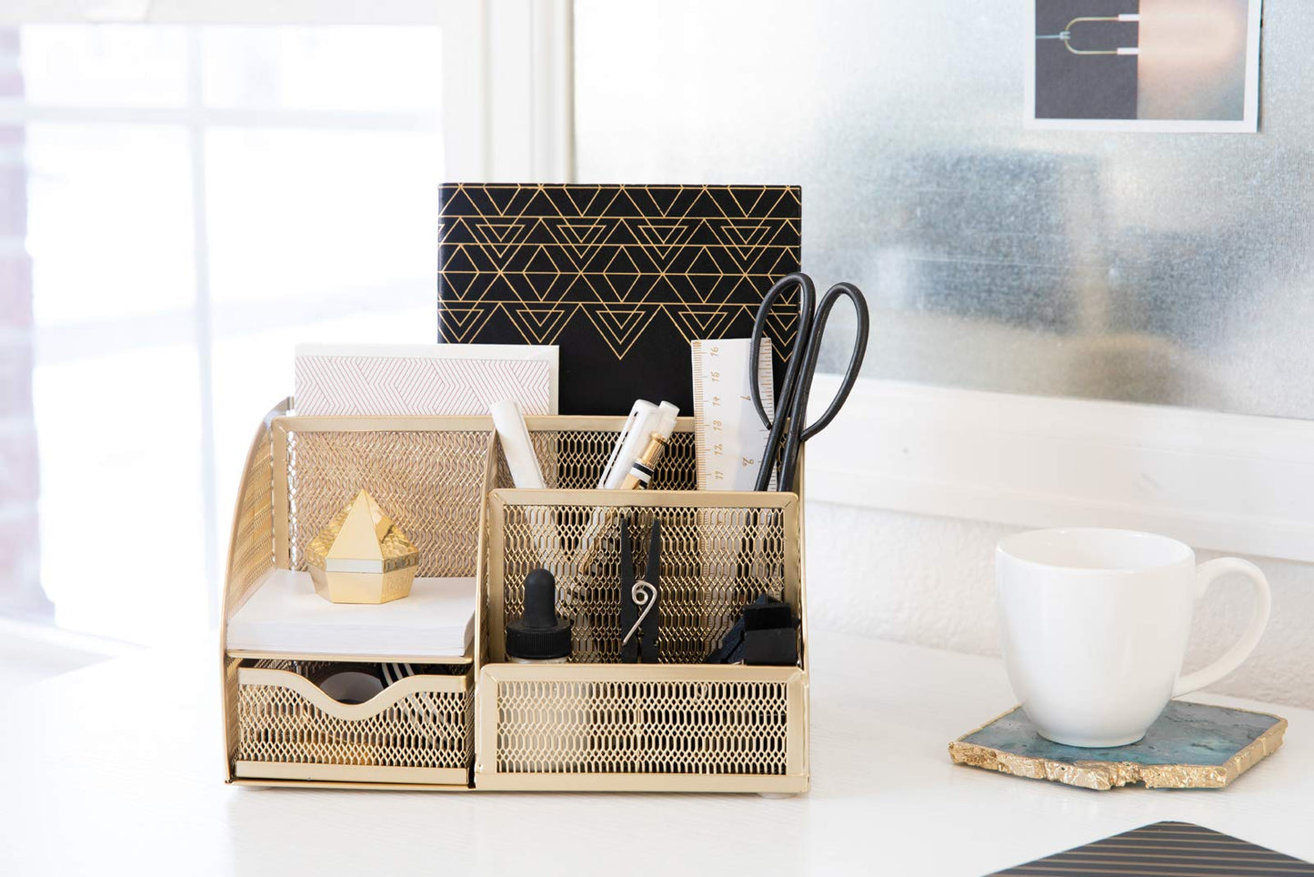 BLU MONACO | Gold Desk Organizer with Drawer | Metal Desktop Caddy with Six Compartments for Office