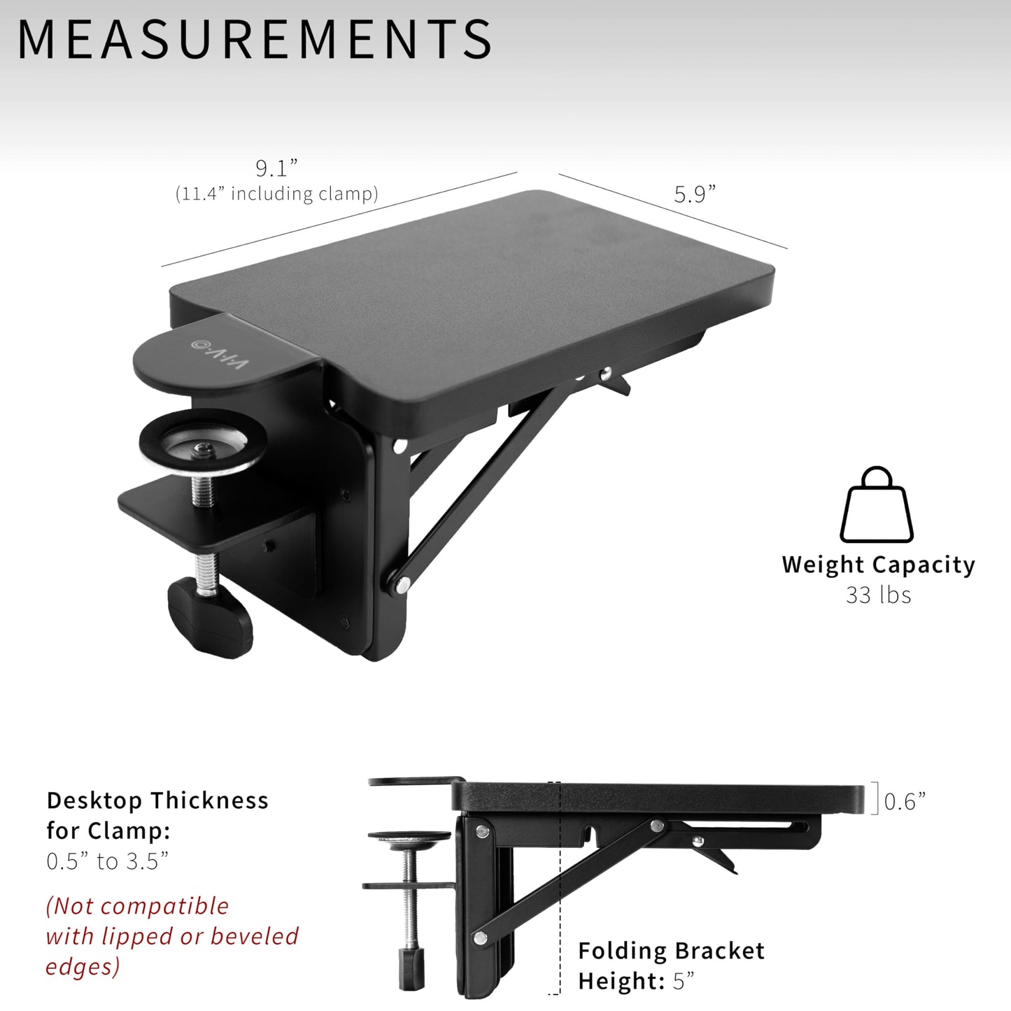 VIVO Clamp-on 6 x 9 inch (11 Including Clamps) Desk Extender, Wrist Support, Armrest Tray, Table