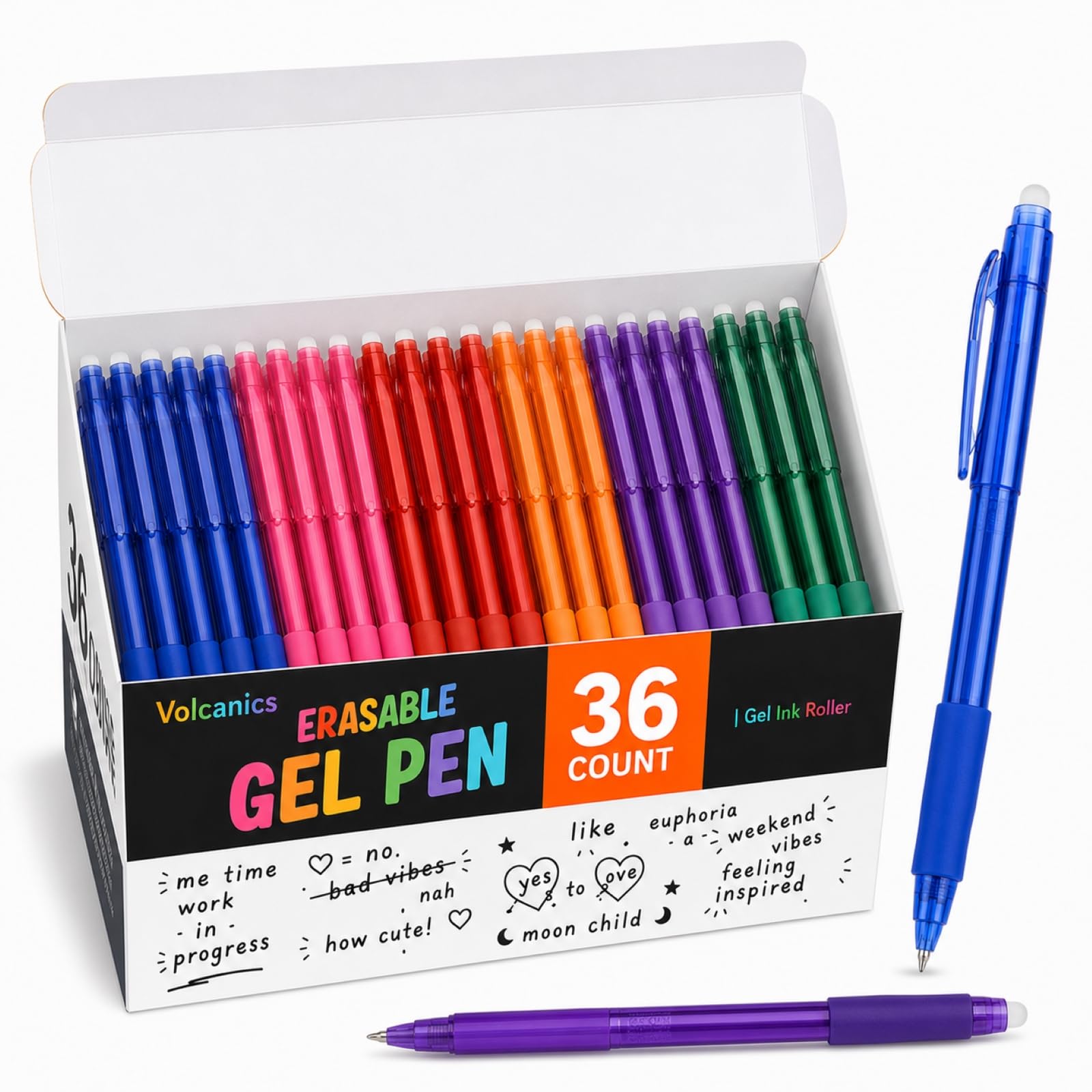 Volcanics Erasable Gel Pens, 0.7mm Medium Point, 6 Colors, 36 Pack