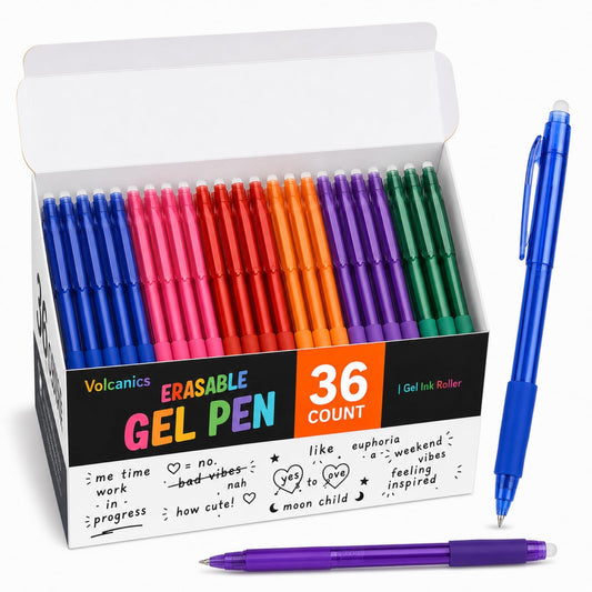 Volcanics Erasable Gel Pens, 0.7mm Medium Point, 6 Colors, 36 Pack