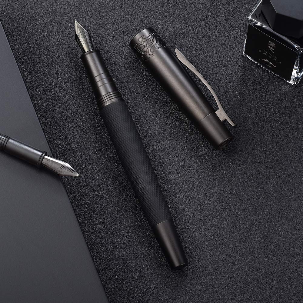 Pure Black Fountain Pen, PVD Coated Black Bent Nib Solid Metal Fude Pen, Metal Box Set by Hongdian