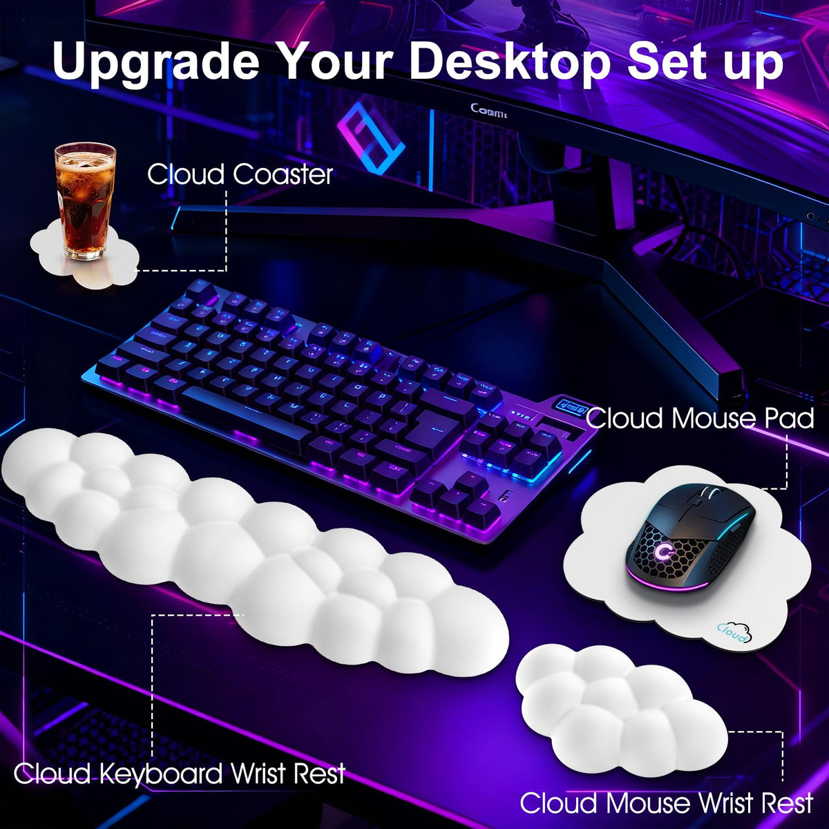 Sushret Cloud Wrist Rest for Computer Keyboard and Mouse Pad Set, White