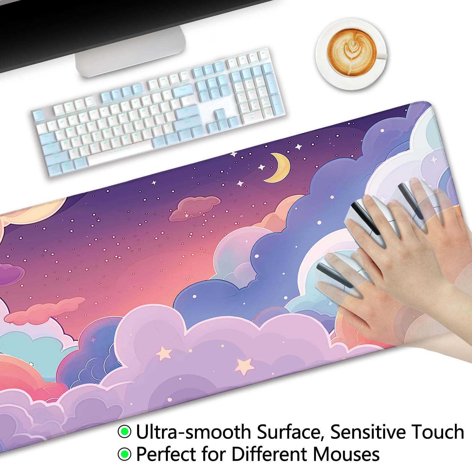 LIMKRIAN Purple Cloud Mouse Pad Kawaii Large Desk Mat, 31.5x11.8 in