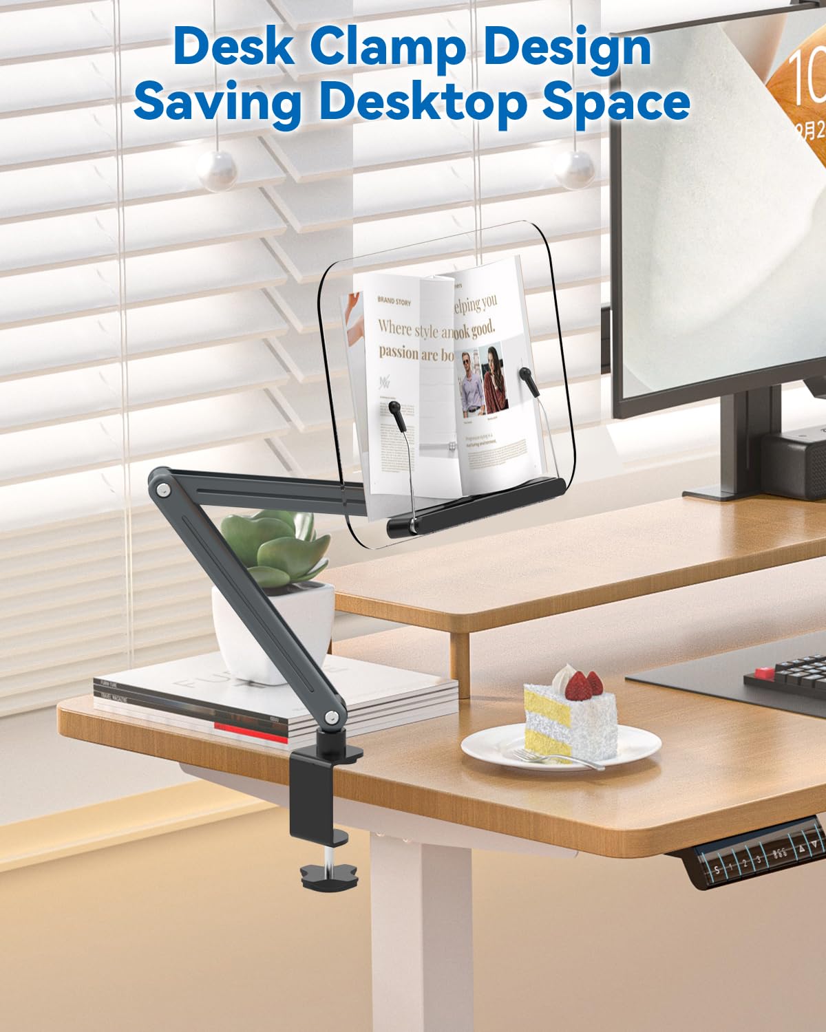 YCNEW Desk Clamp Acrylic Book Stand for Reading, Ergonomic Design Adjustable Height up to 20 inches