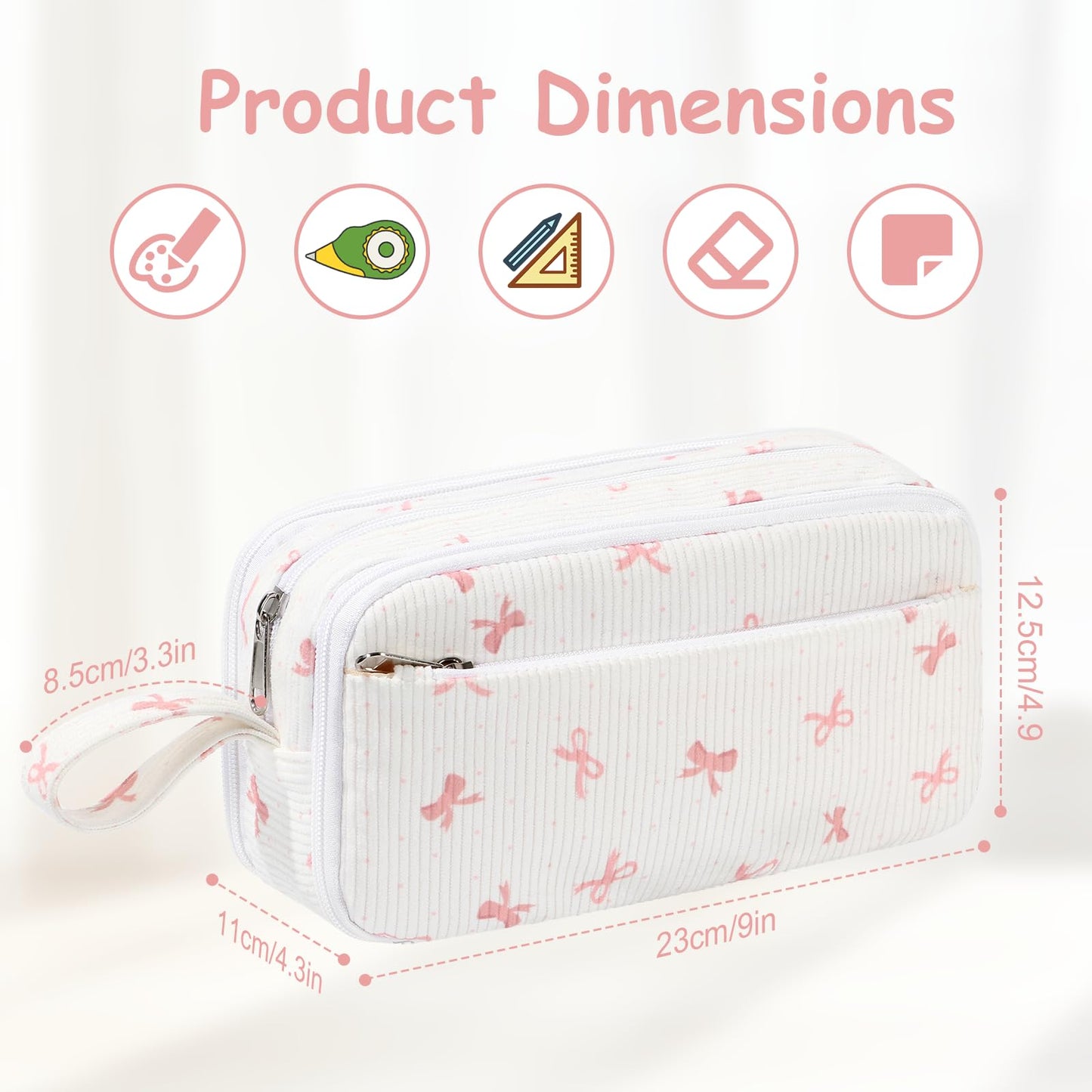 BuyCard Large Capacity Cute Pencil Case, Aesthetic Pen Pouch, White with Pink Bow Pattern Pencil