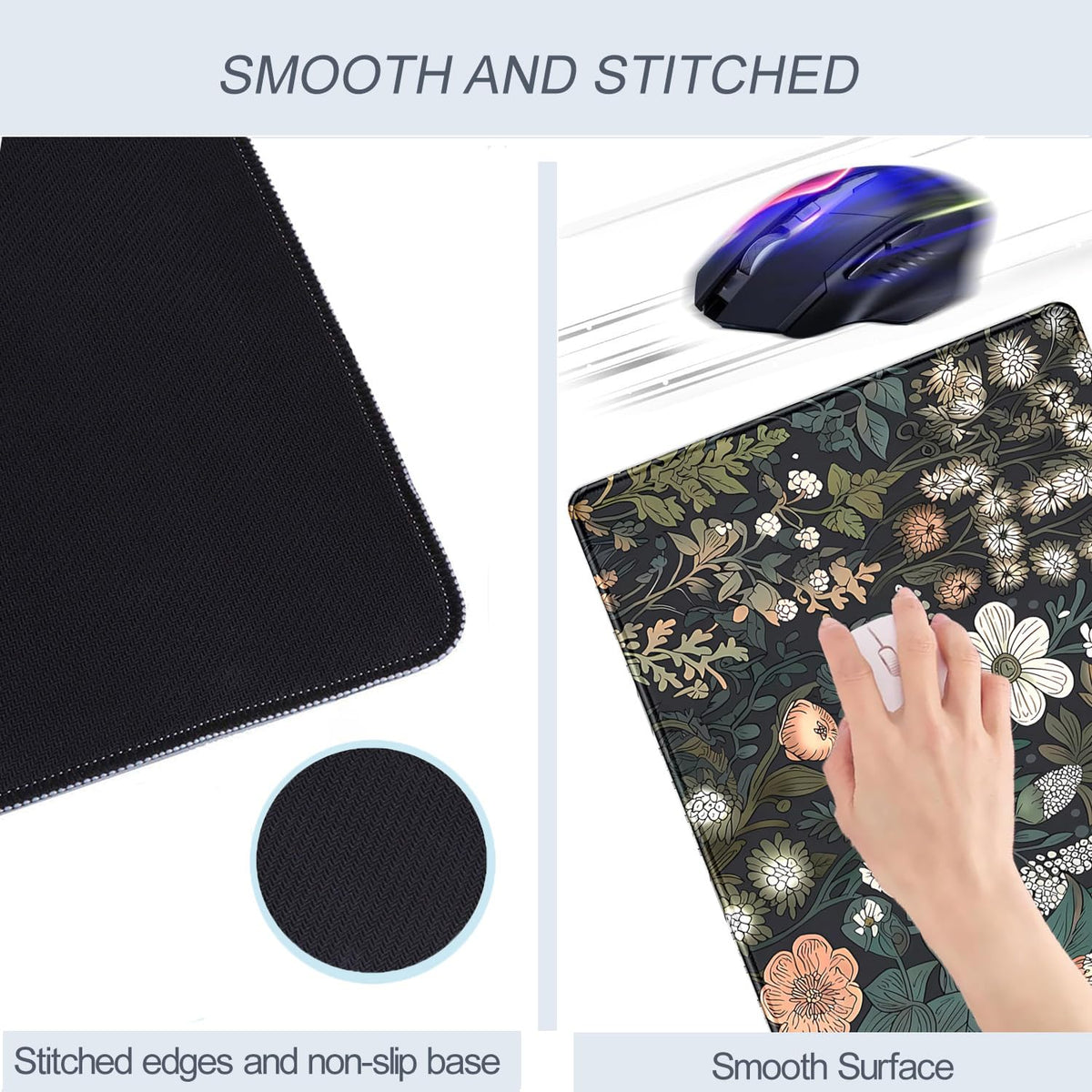 Dark Flower Desk Mat Floral Plants Mouse Pad Boho Aesthetic Wildflowers Large Gaming Mousepad Desk