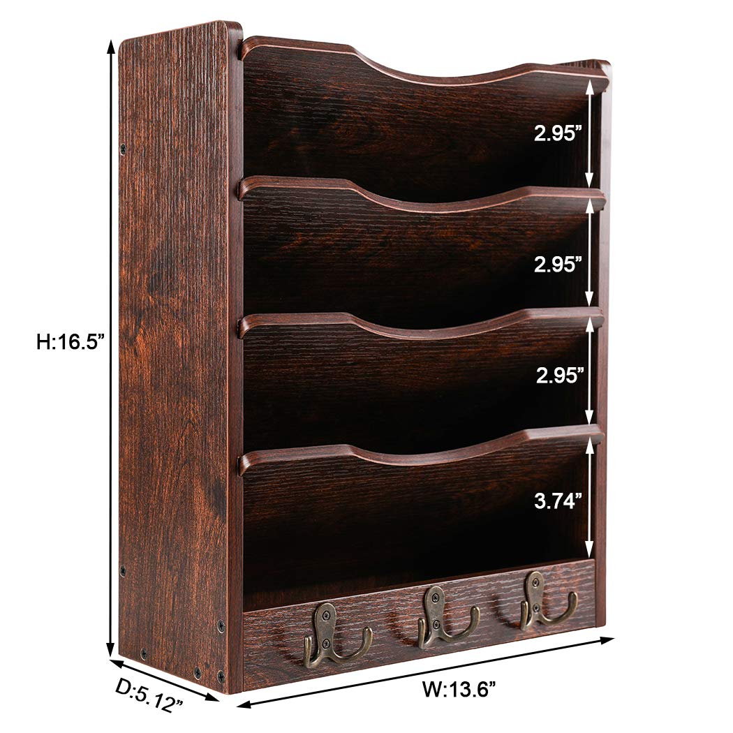 PAG-Mass 5-Tier Wall File Holder Hanging Mail Organizer Wood Magazine Literature Rack with 6 Hooks