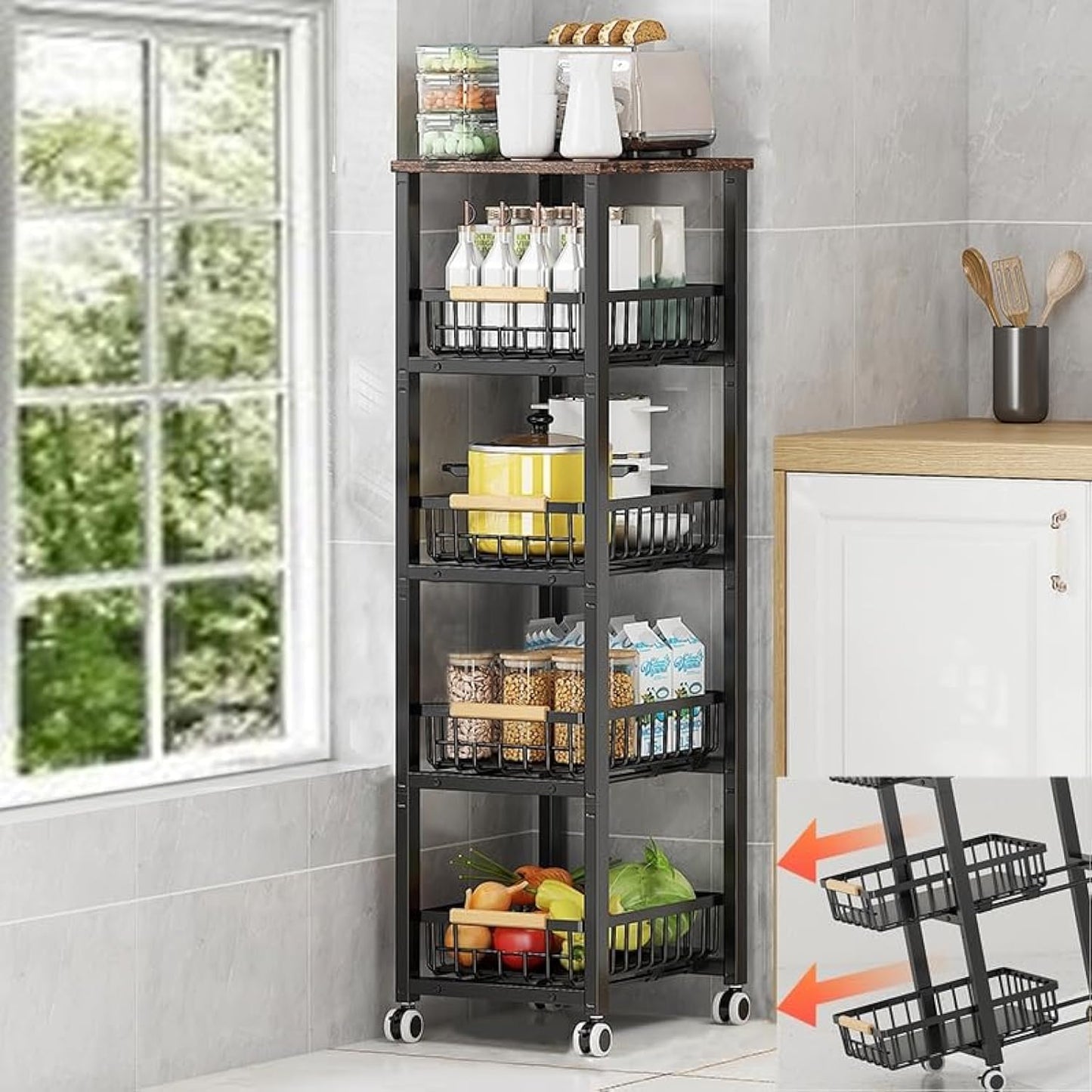 KOLENSA Metal Wire Baskets with Wheels, Stackable Storage Bins Kitchen Organizer Shelf, Multi Layer