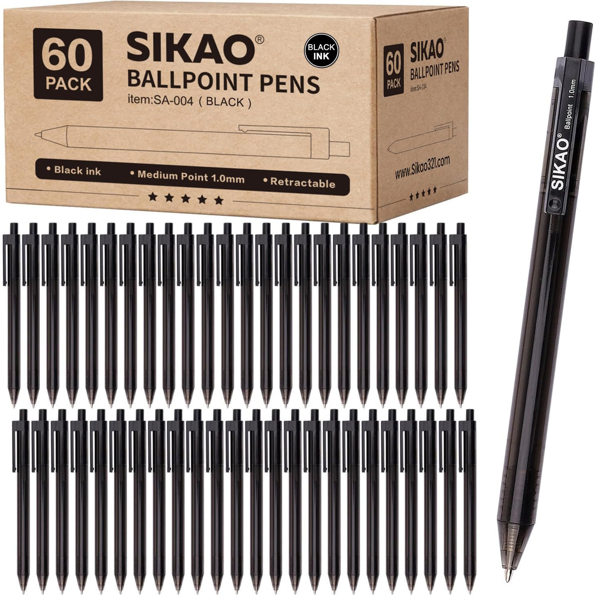 Sikao Black Pens Bulk, 60 Pack Retractable Ballpoint Pens Black Ink