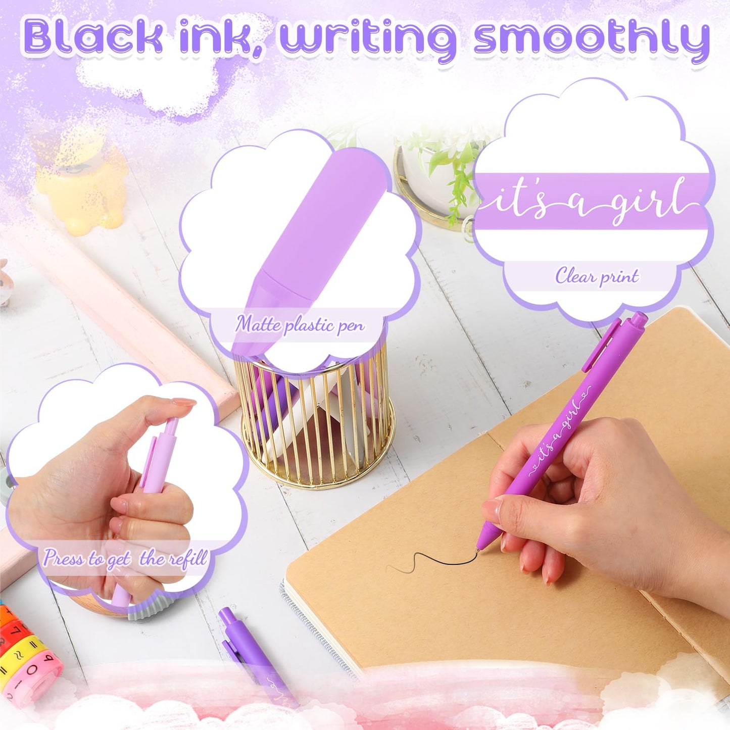 Chuangdi 50 Pack It's a Girl Party Baby Shower Pens Favors for Guests, Purple Gender Reveal Party