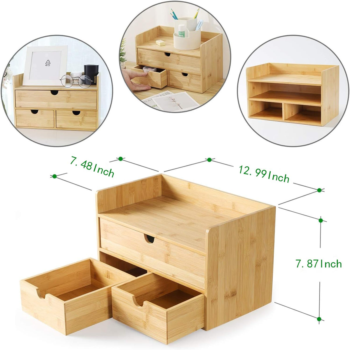Bamboo Desk Organizer with Drawers, 3-Drawer Desktop Storage Box