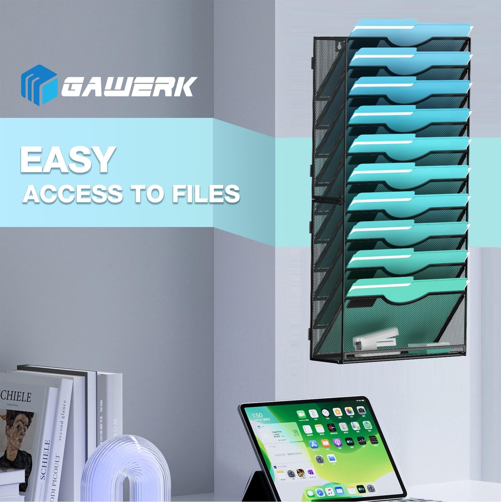 Gawerk 11-Tier Wall File Organizer Hanging Wall File Holder Wall Mount Paper Folder Organize, Mesh