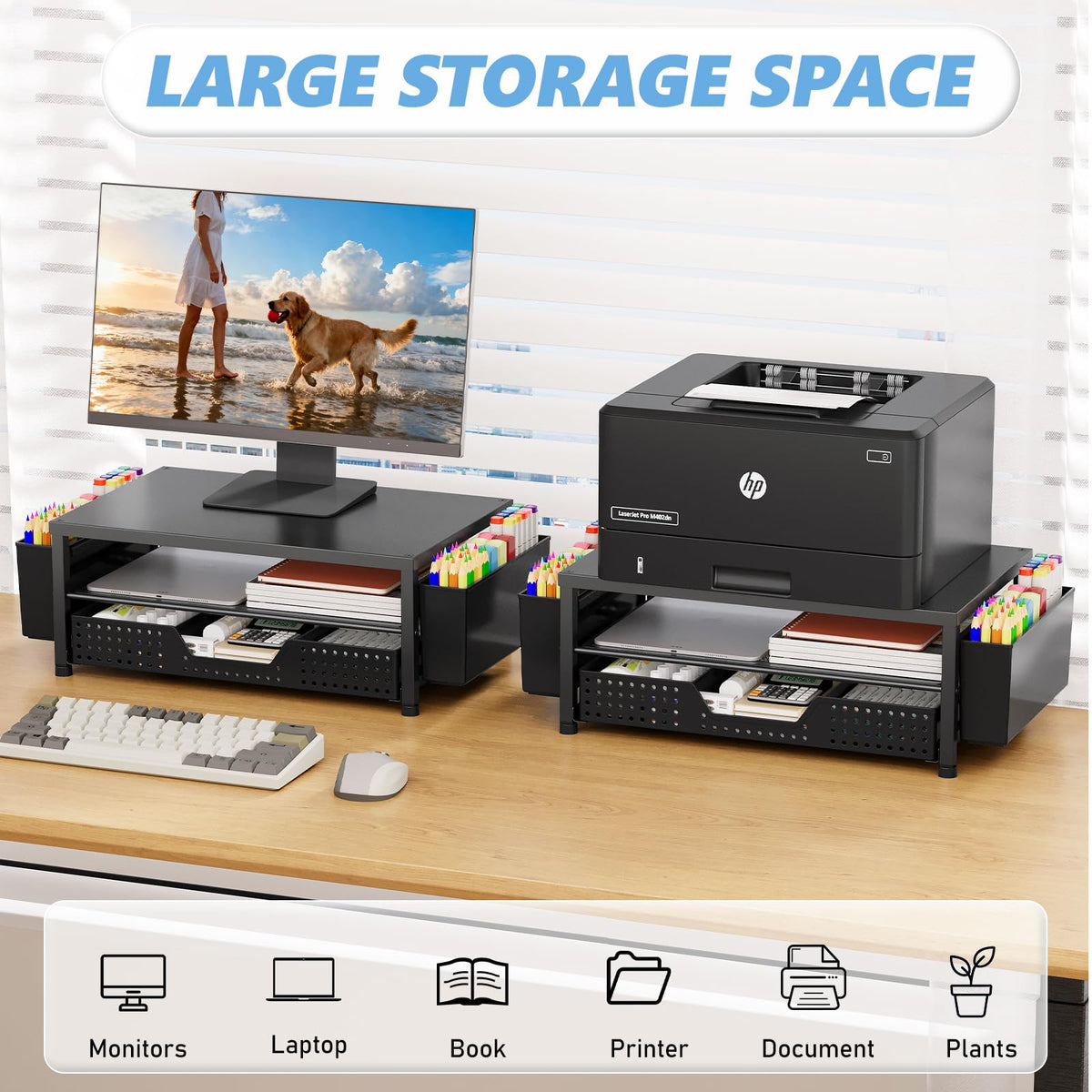 OPNICE Desk Organizers and Accessories, Computer Monitor Stand Riser with Drawer and 2 Pen Holders