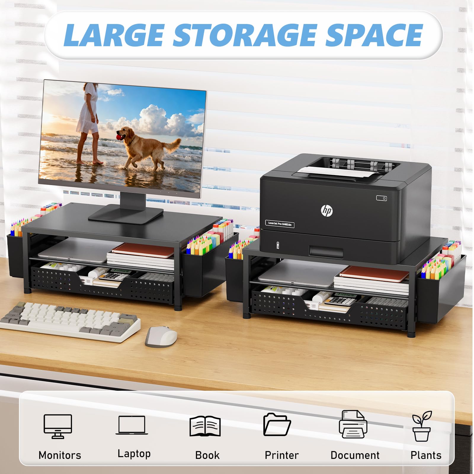 OPNICE Desk Organizers and Accessories, Computer Monitor Stand Riser with Drawer and 2 Pen Holders