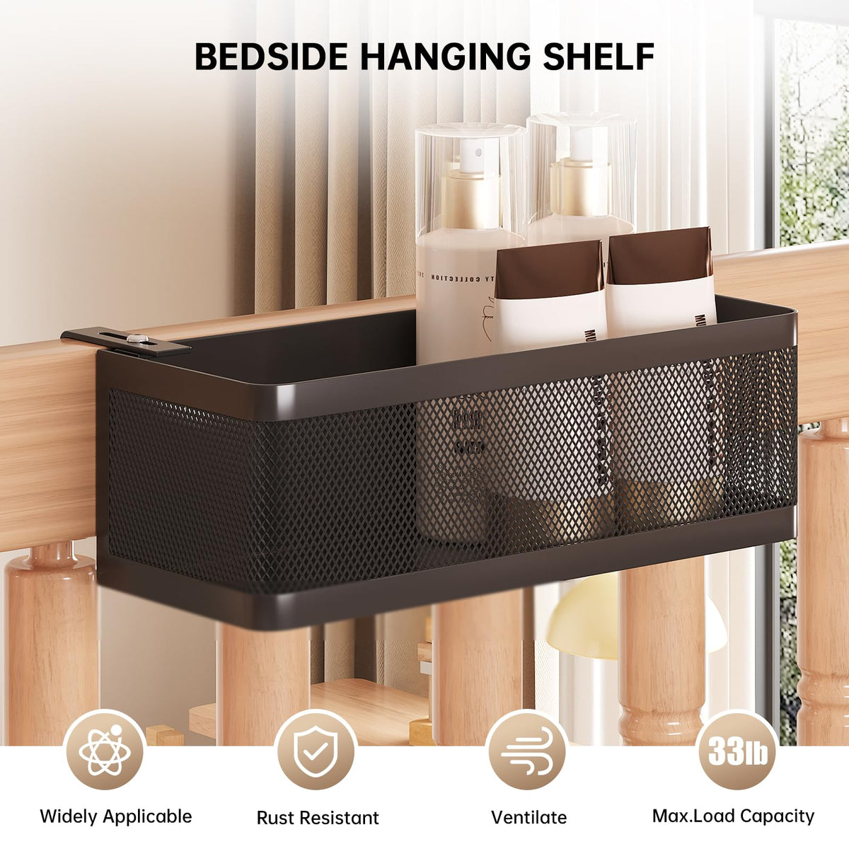 WOCHUANGSI Bedside Caddy Shelf for Bunk Bed, Black, L11in*W4.9in*H3.93in