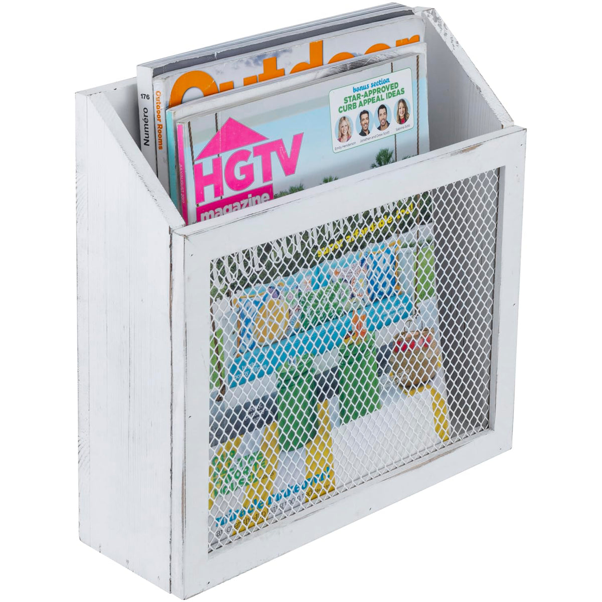 MyGift White Wood Magazine Holder, Chicken Wire Wall Mounted Mail Sorter
